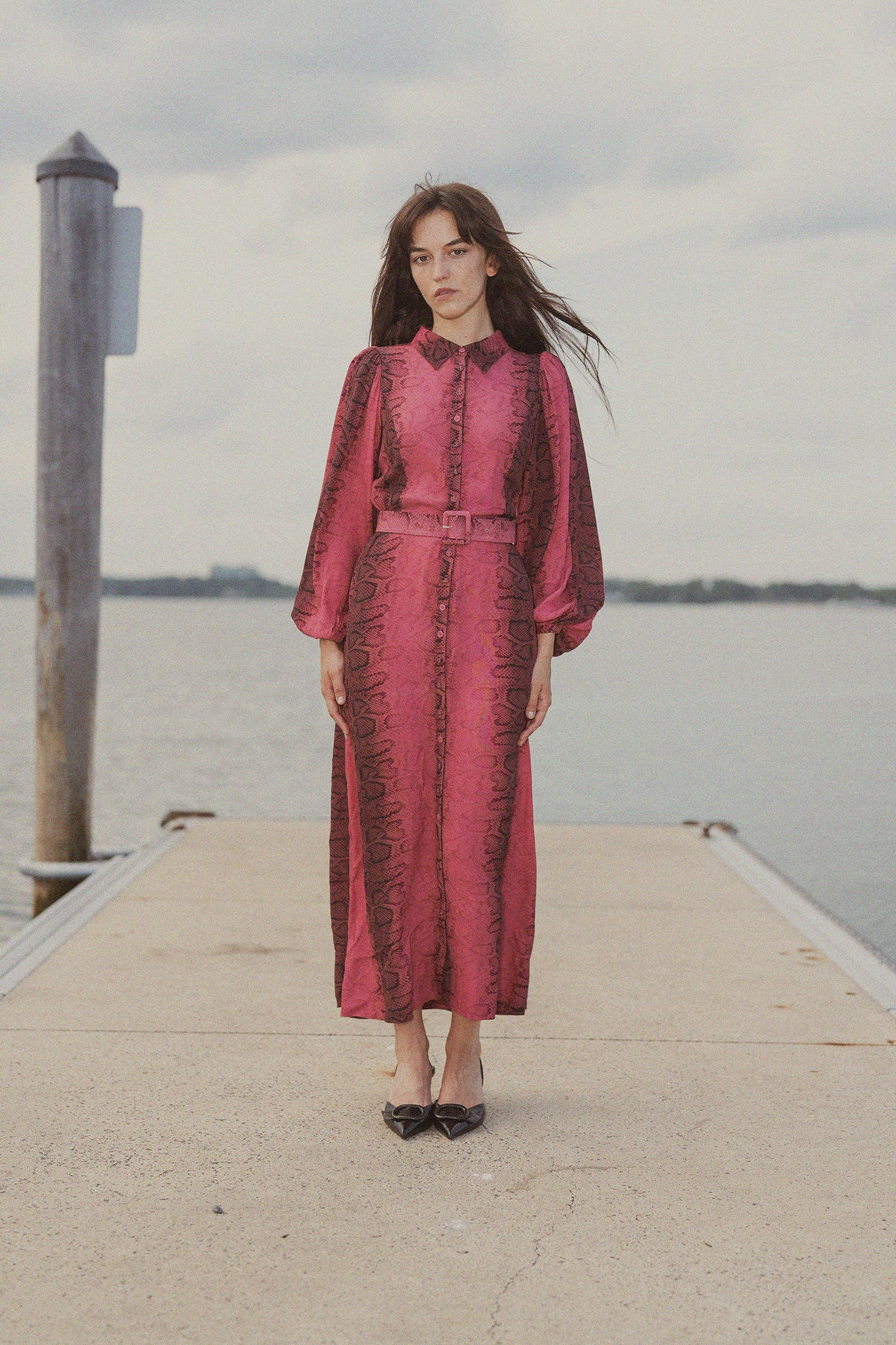 High Waisted Shirtdress-Burgundy Reptile