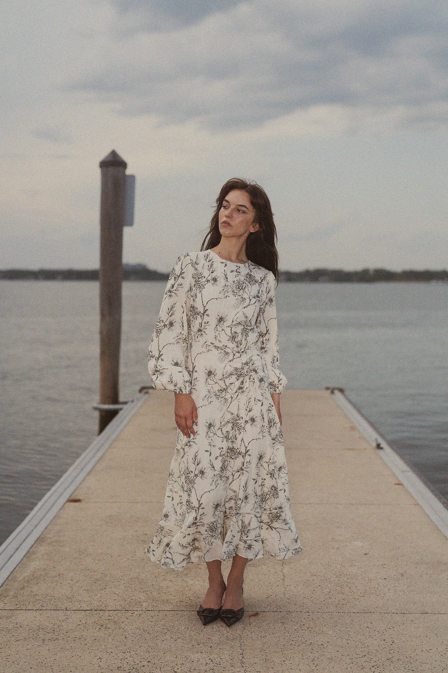 Asymmetrical Yoke Dress-Floral Branch