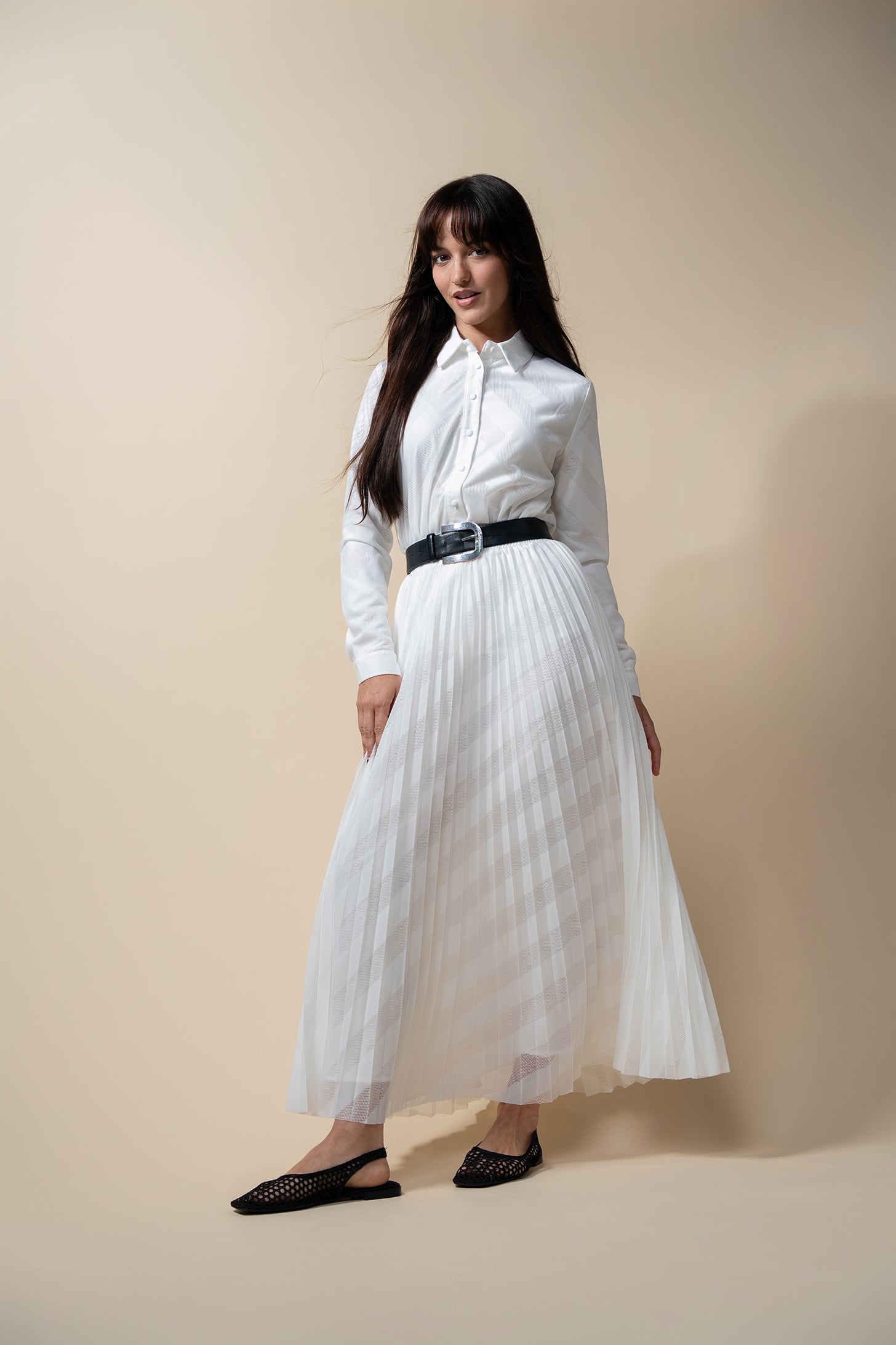 Perforated Pleated Skirt-White