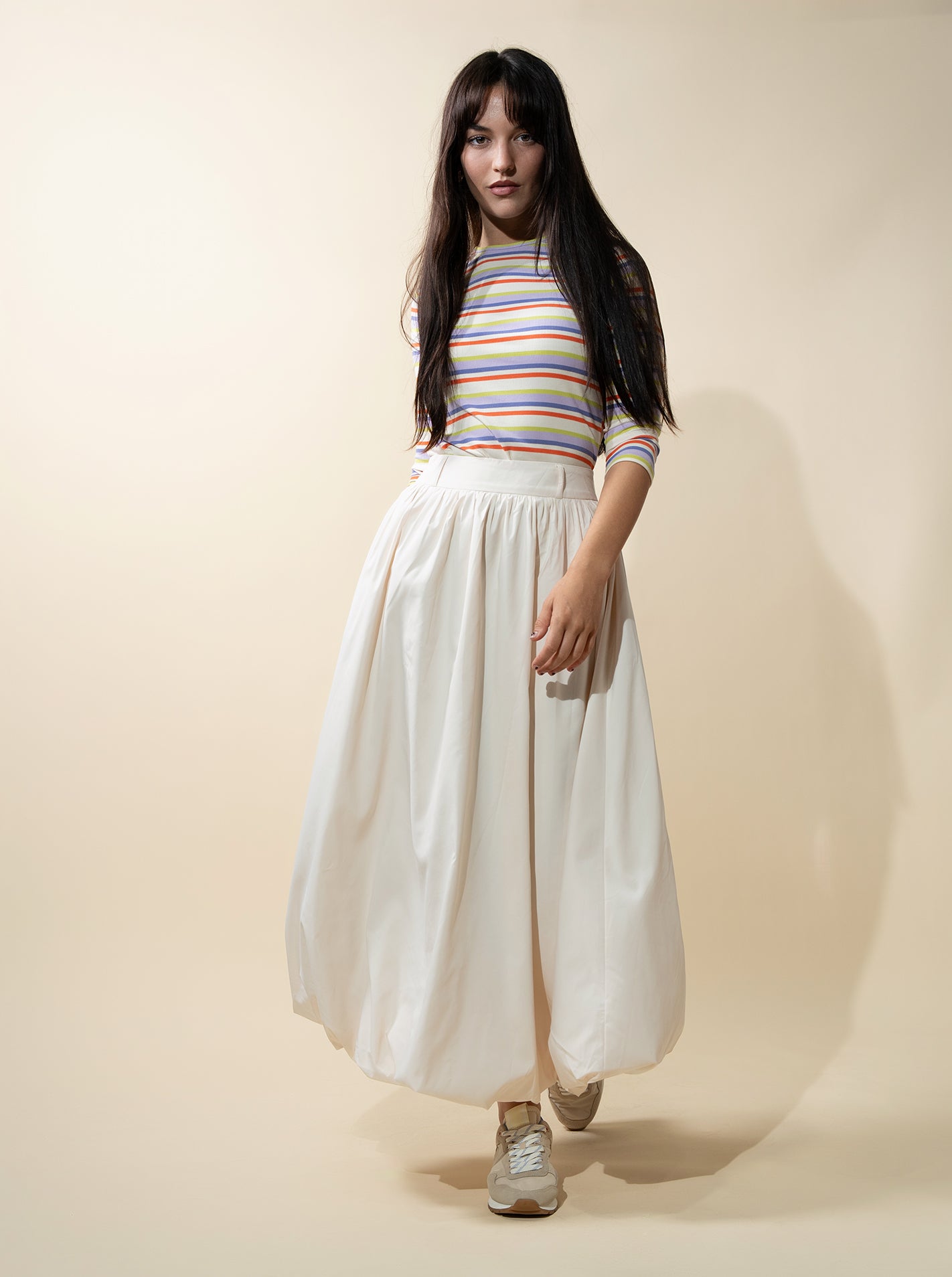 Ribbed Striped Crew 3/4 Sleeve-Orange/Purple