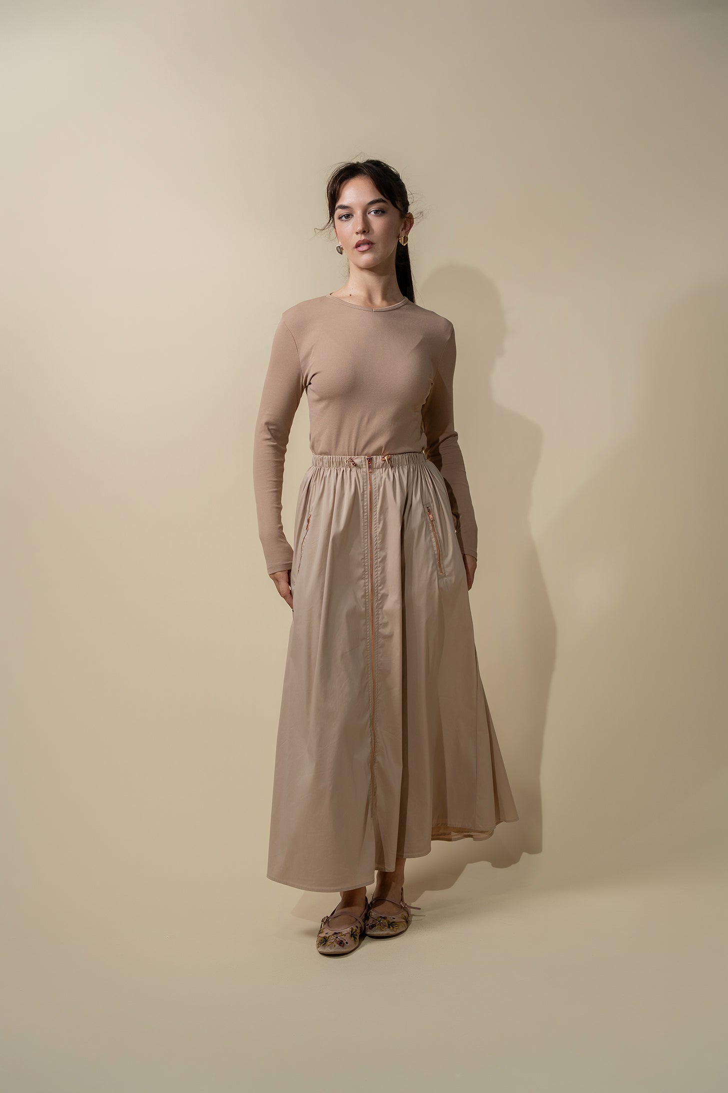 Front Zipper Cotton Circle Skirt-Tan