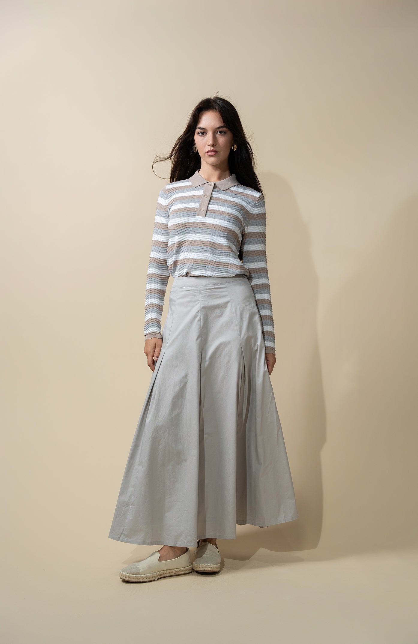 Stitch Down Cotton Pleated Skirt-Light Grey