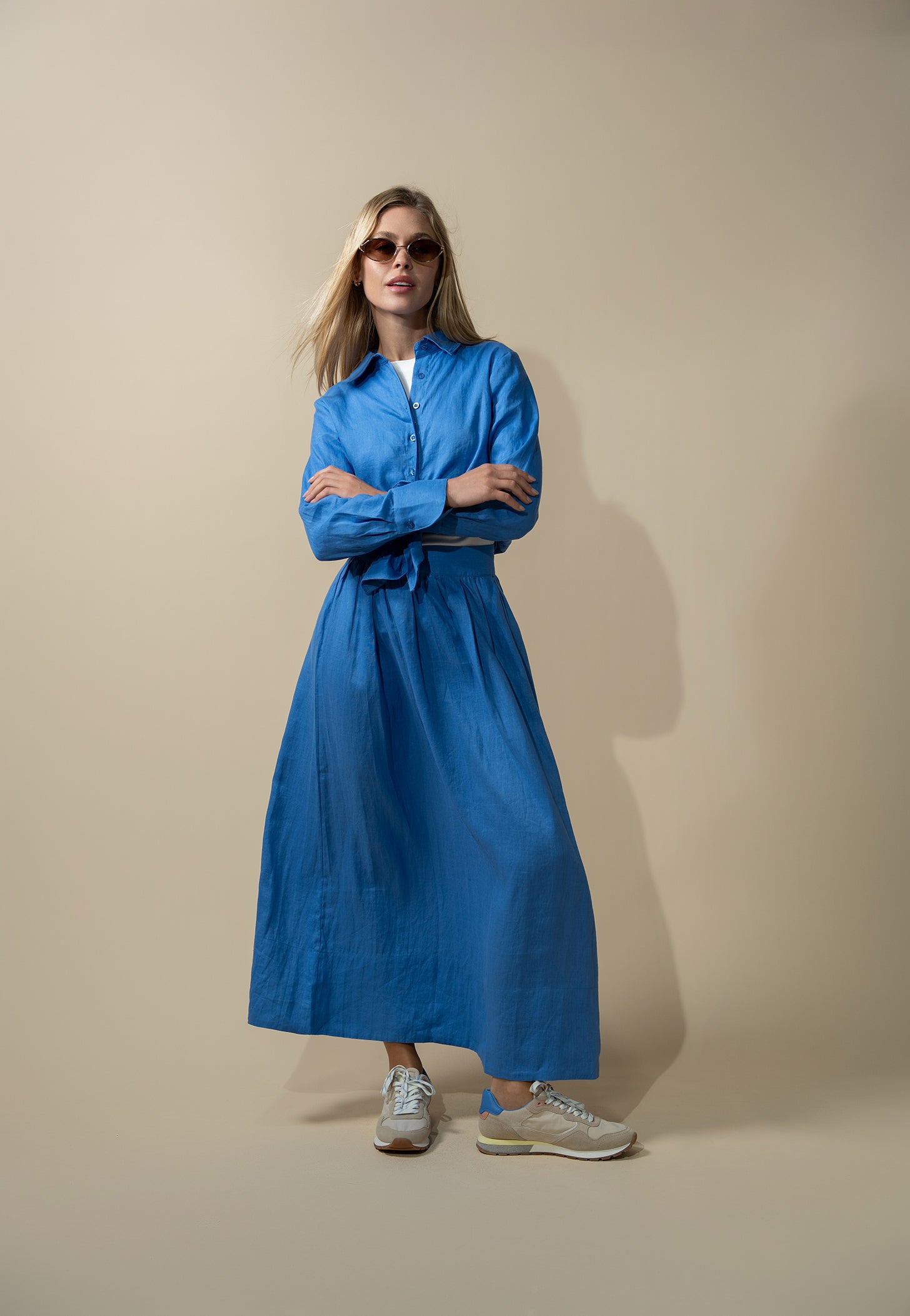 Gathered Waist Linen Skirt-Ocean Blue