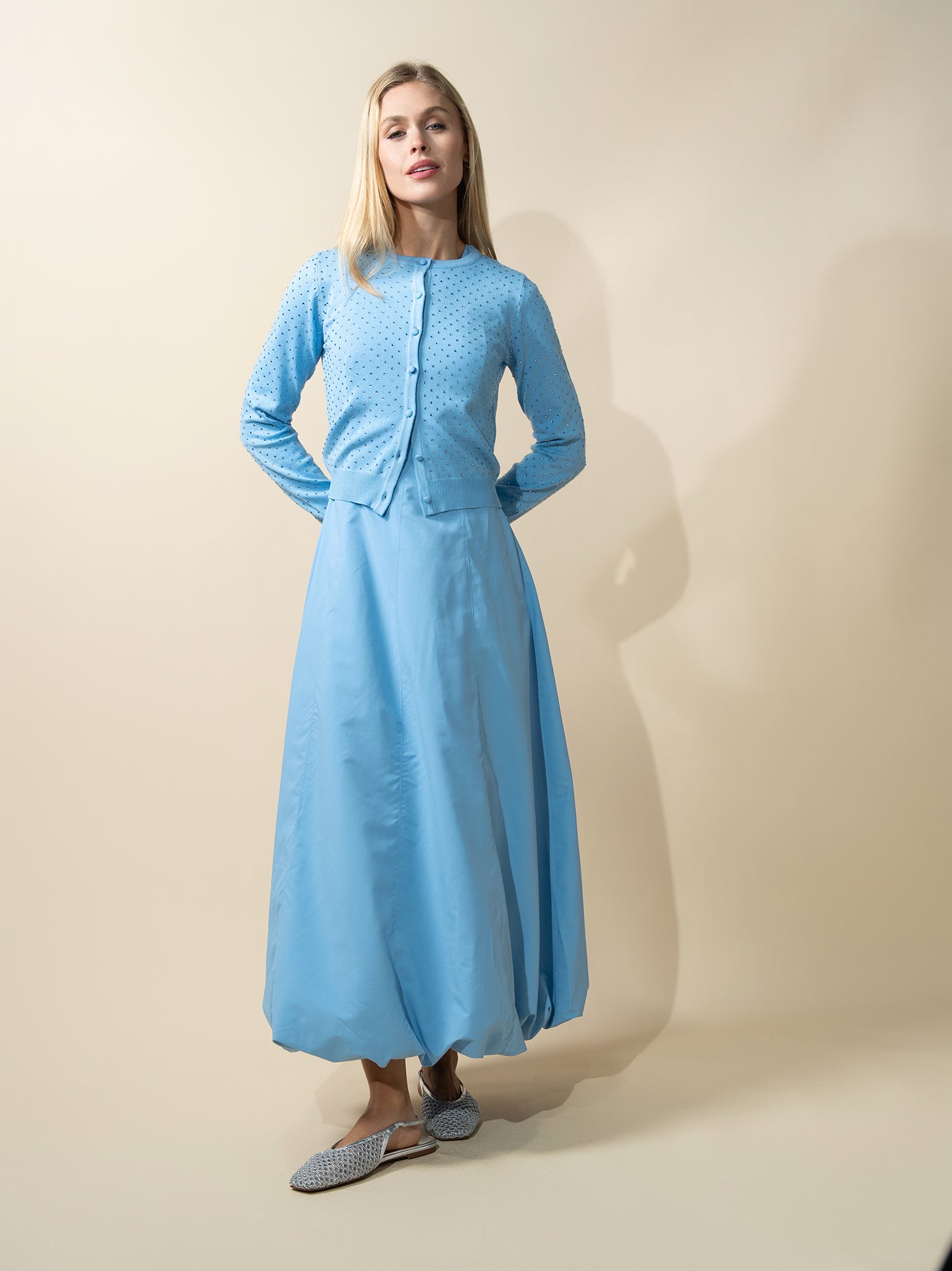 Stone Embellished Crew Cardigan-Sky Blue