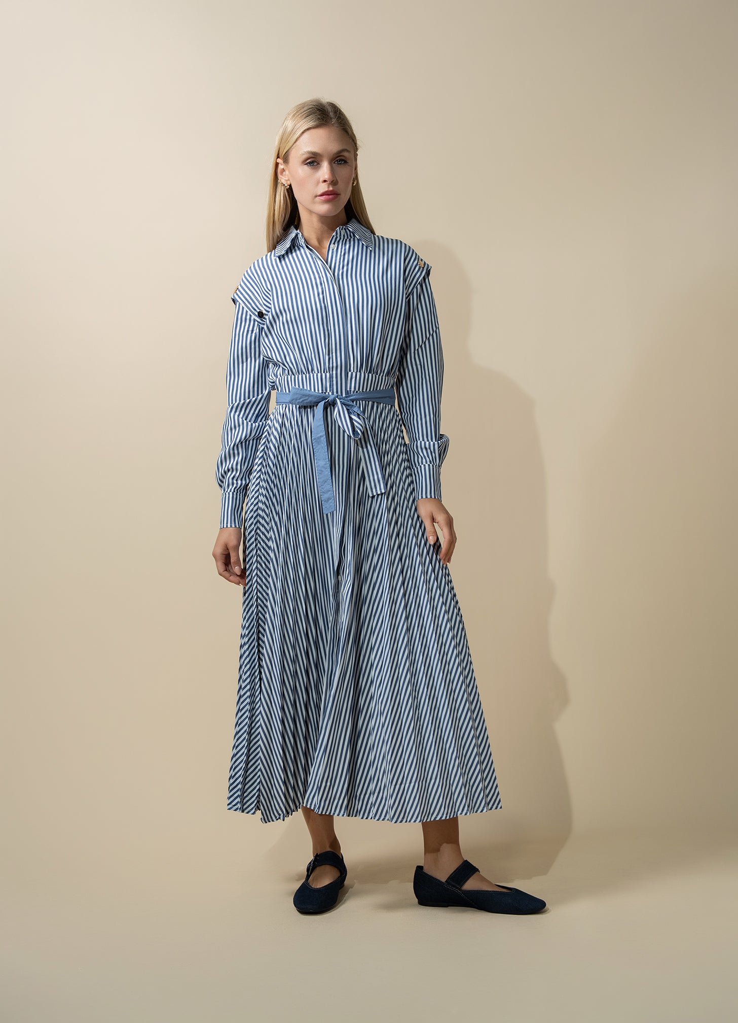 Pleat Bottom Waisted Shirtdress-Navy Pinstripe