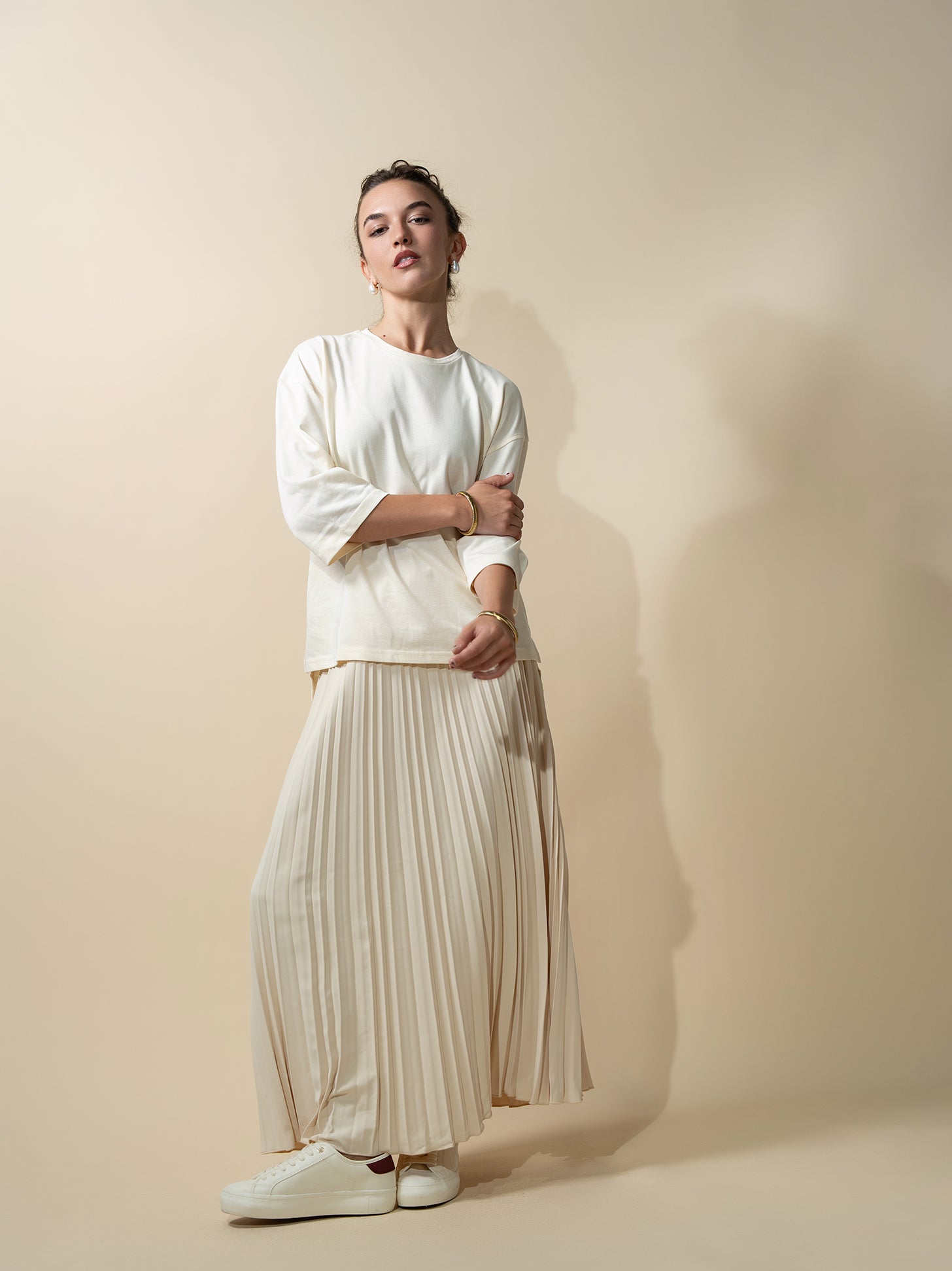 Crepe Pleated Maxi Skirt-Bone