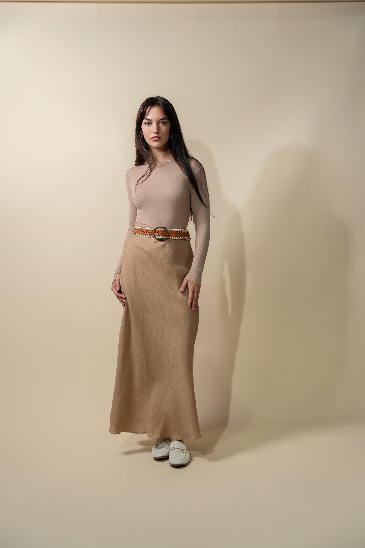 Linen Slip Skirt-Tan