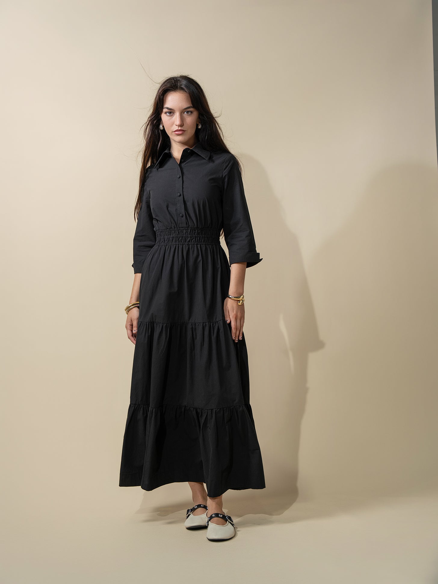Elastic Waist Tiered Shirtdress-Black