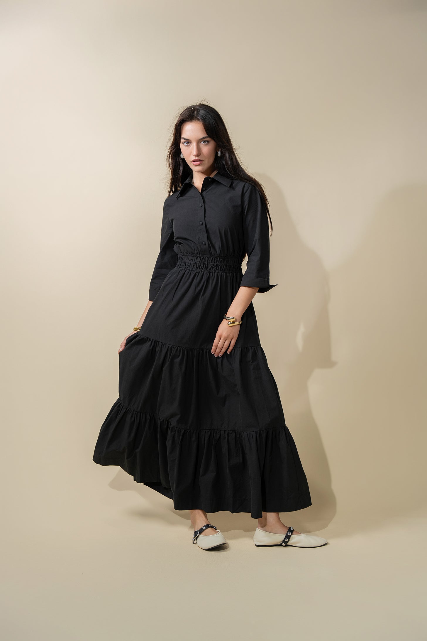 Elastic Waist Tiered Shirtdress-Black