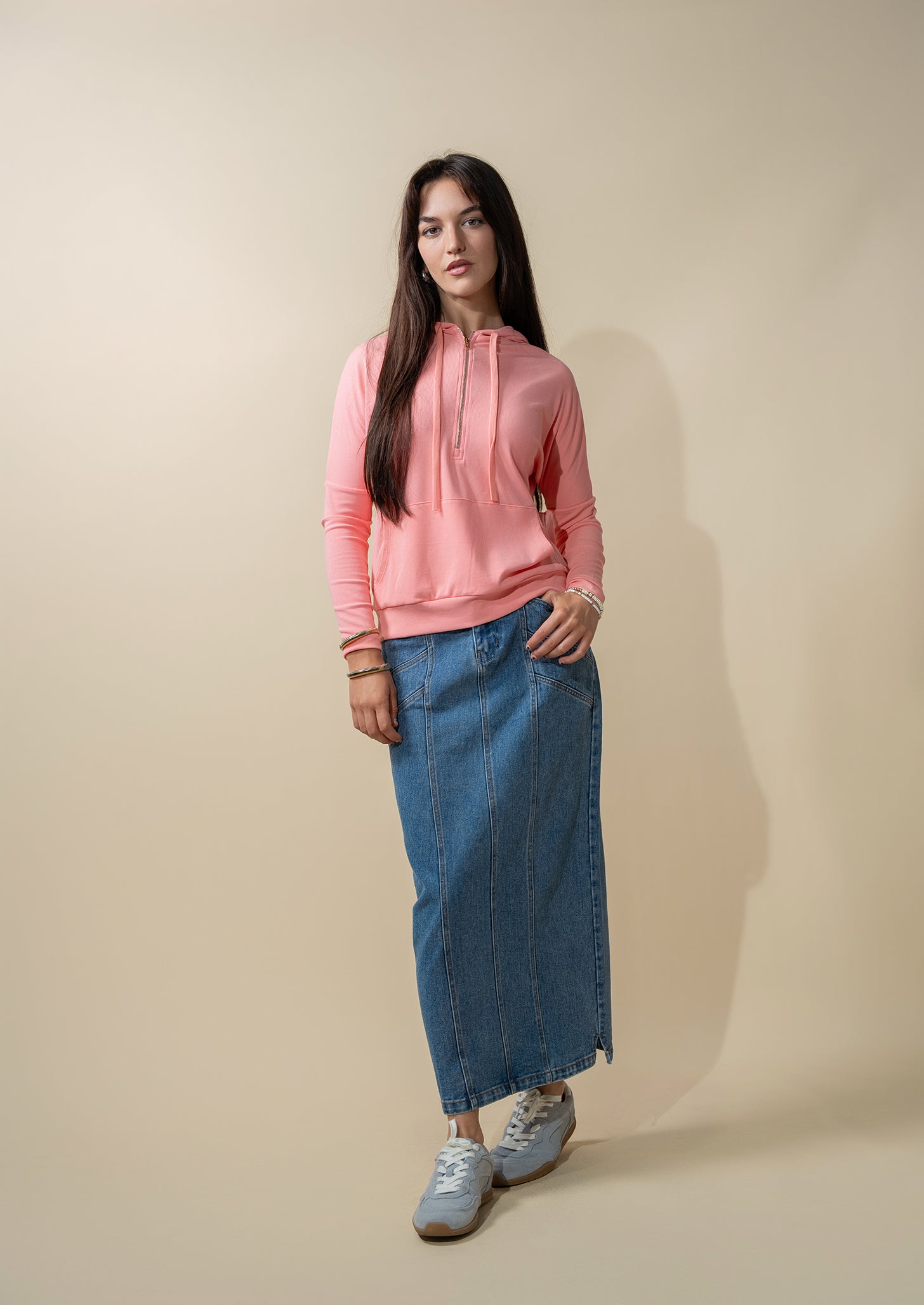 Ribbed Half Zip Hoodie Tee-Coral Pink