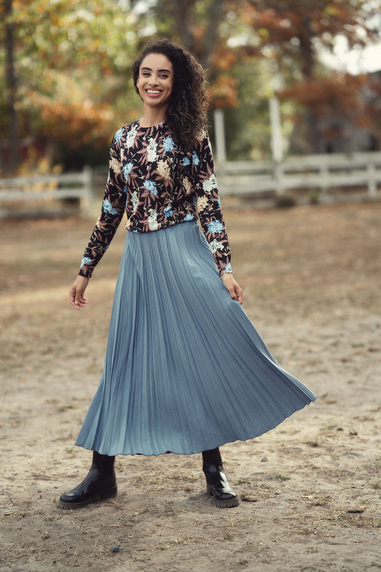 Long Pleated Skirt Light Blue Wool Blend Pleated Skirt-Denim Blue
