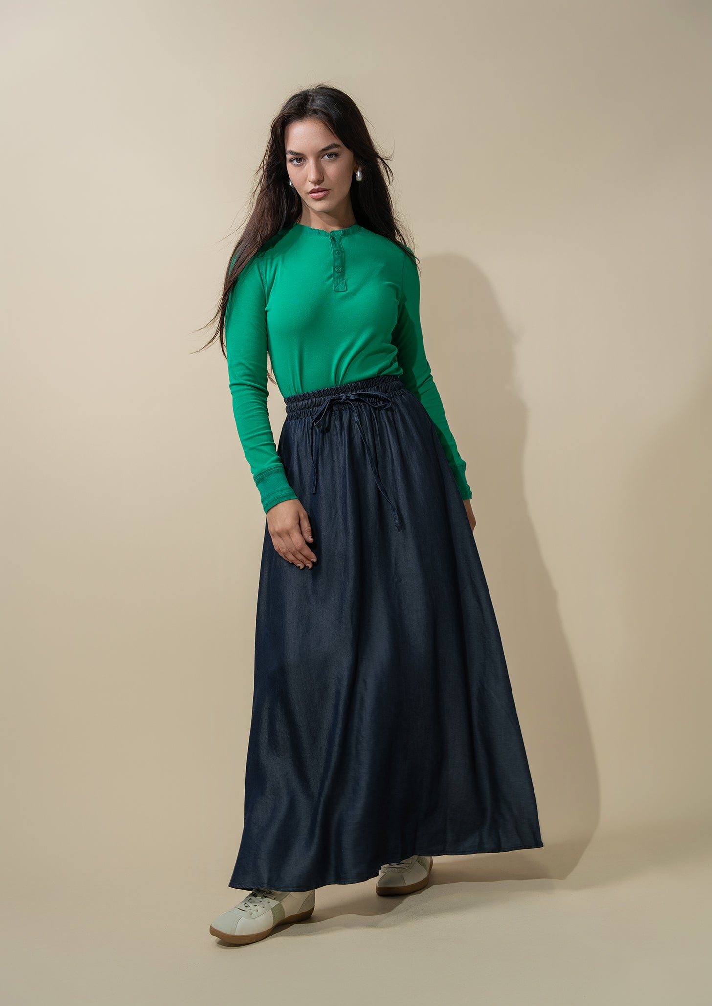 Drawstring Circle Skirt-Dark Blue