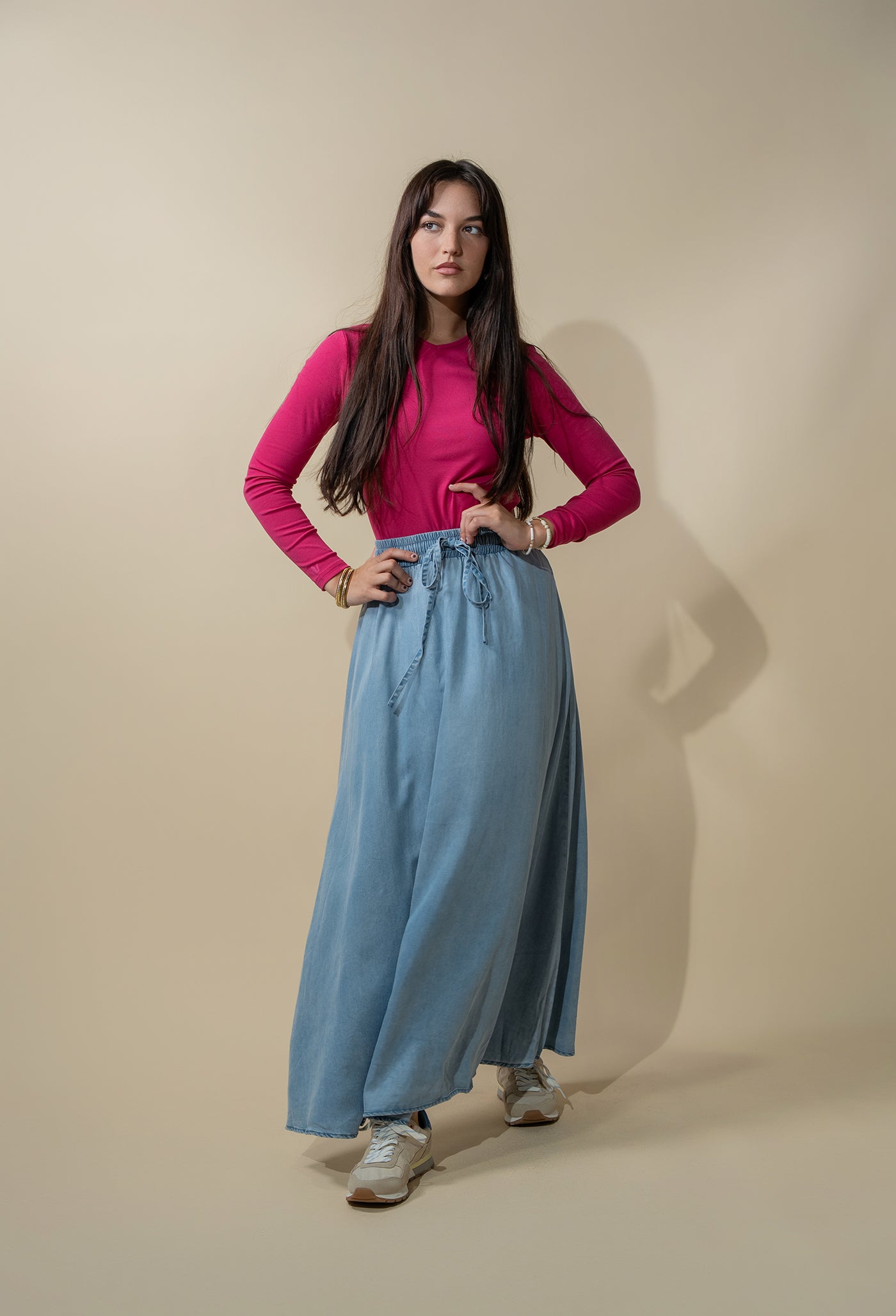 Basic High V Tee Long Sleeve-Hot Pink