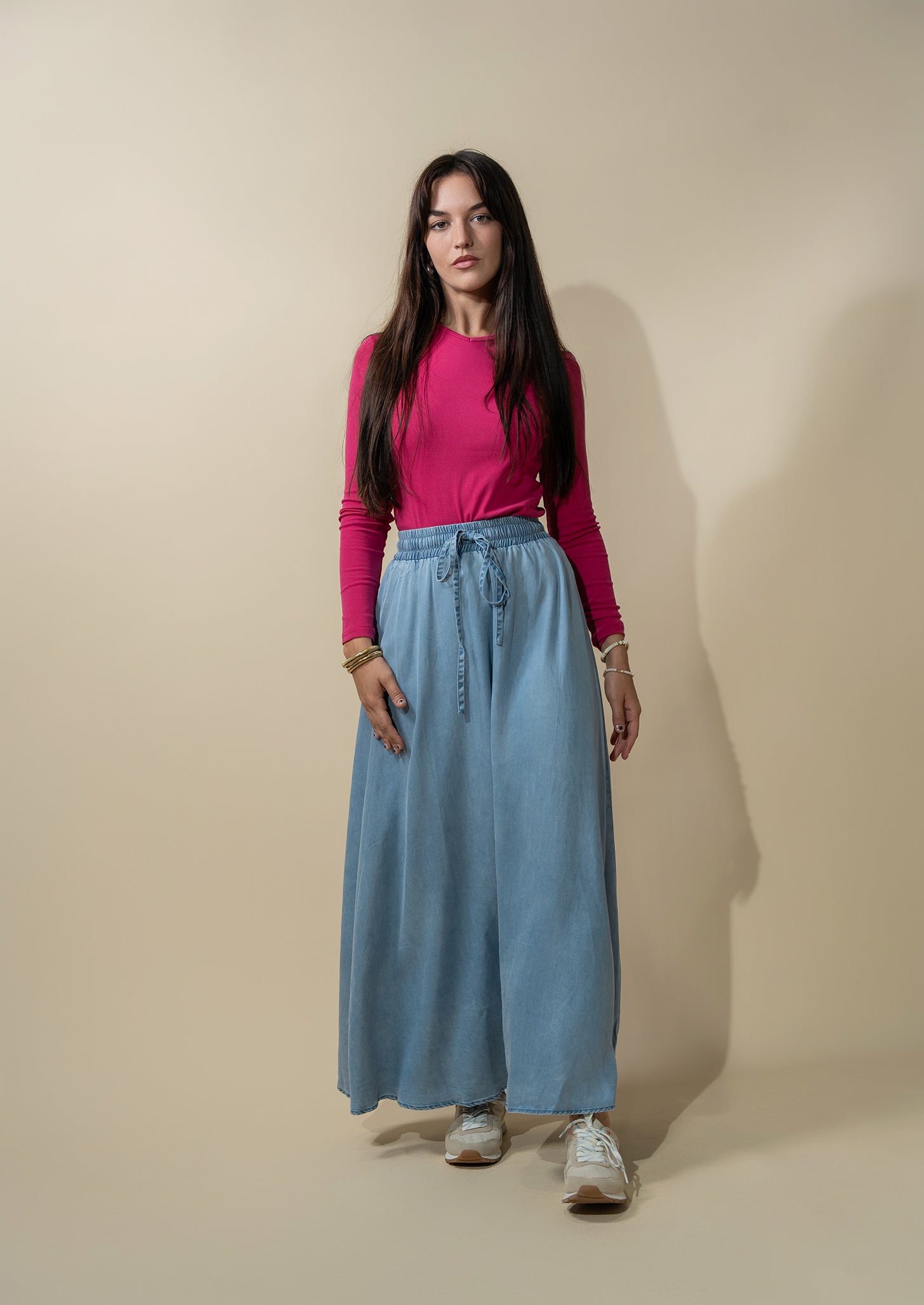 Basic High V Tee Long Sleeve-Hot Pink