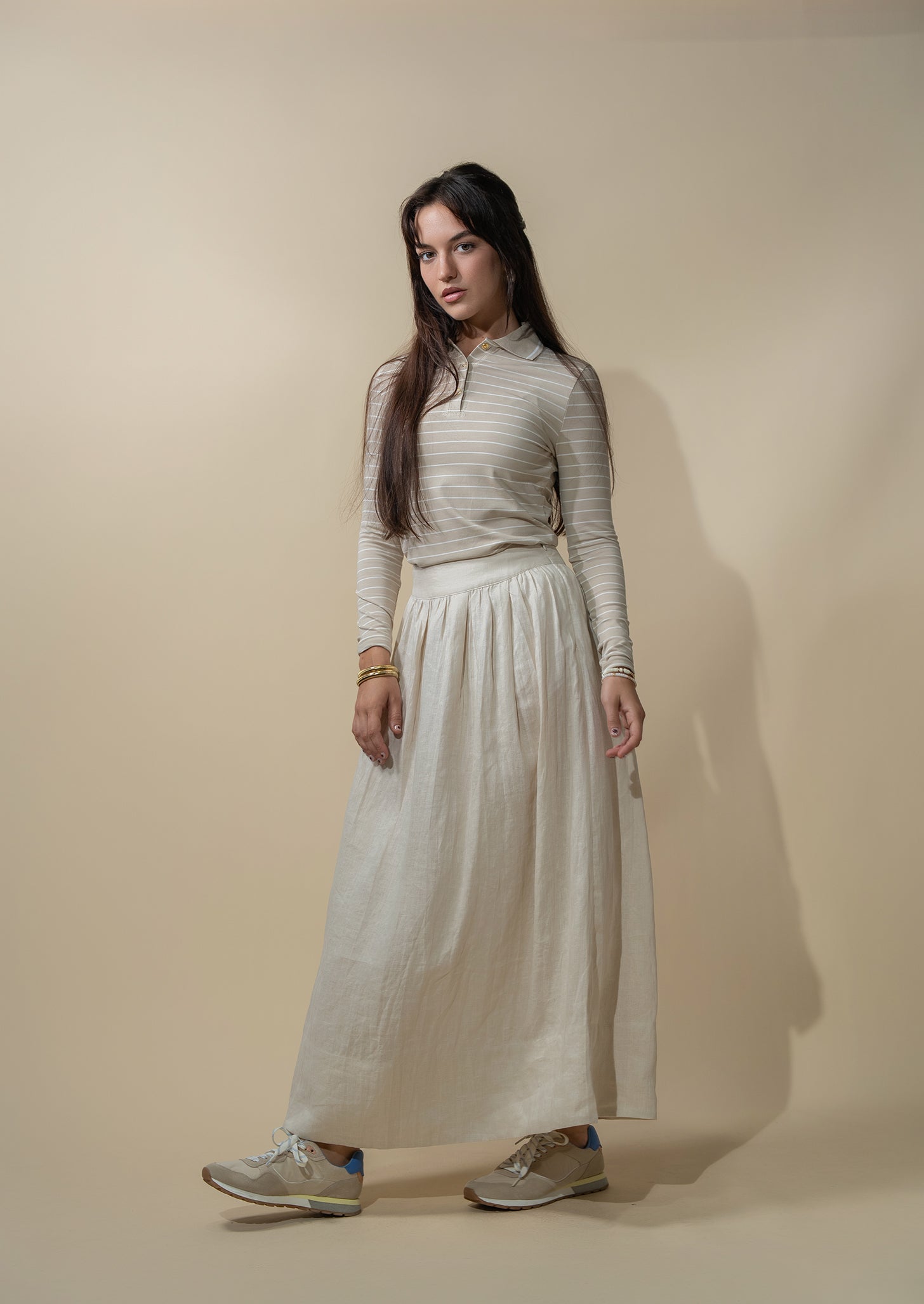 Gathered Waist Linen Skirt-Ecru
