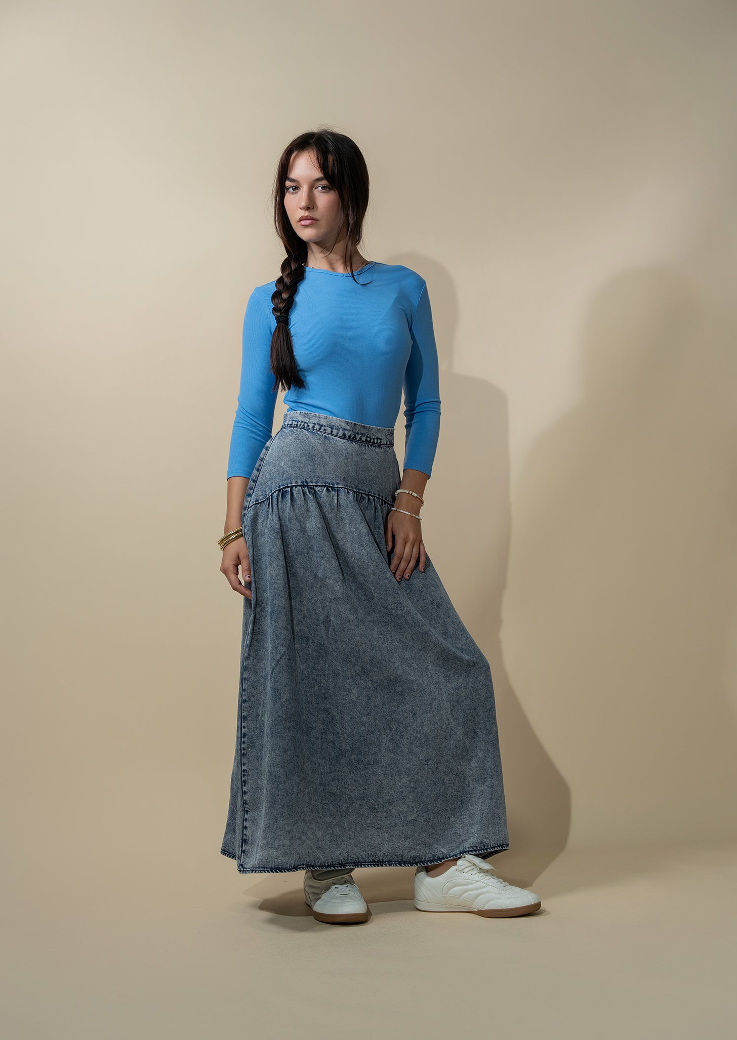 Curved Yoke Washed Denim Skirt 37"-Washed Blue