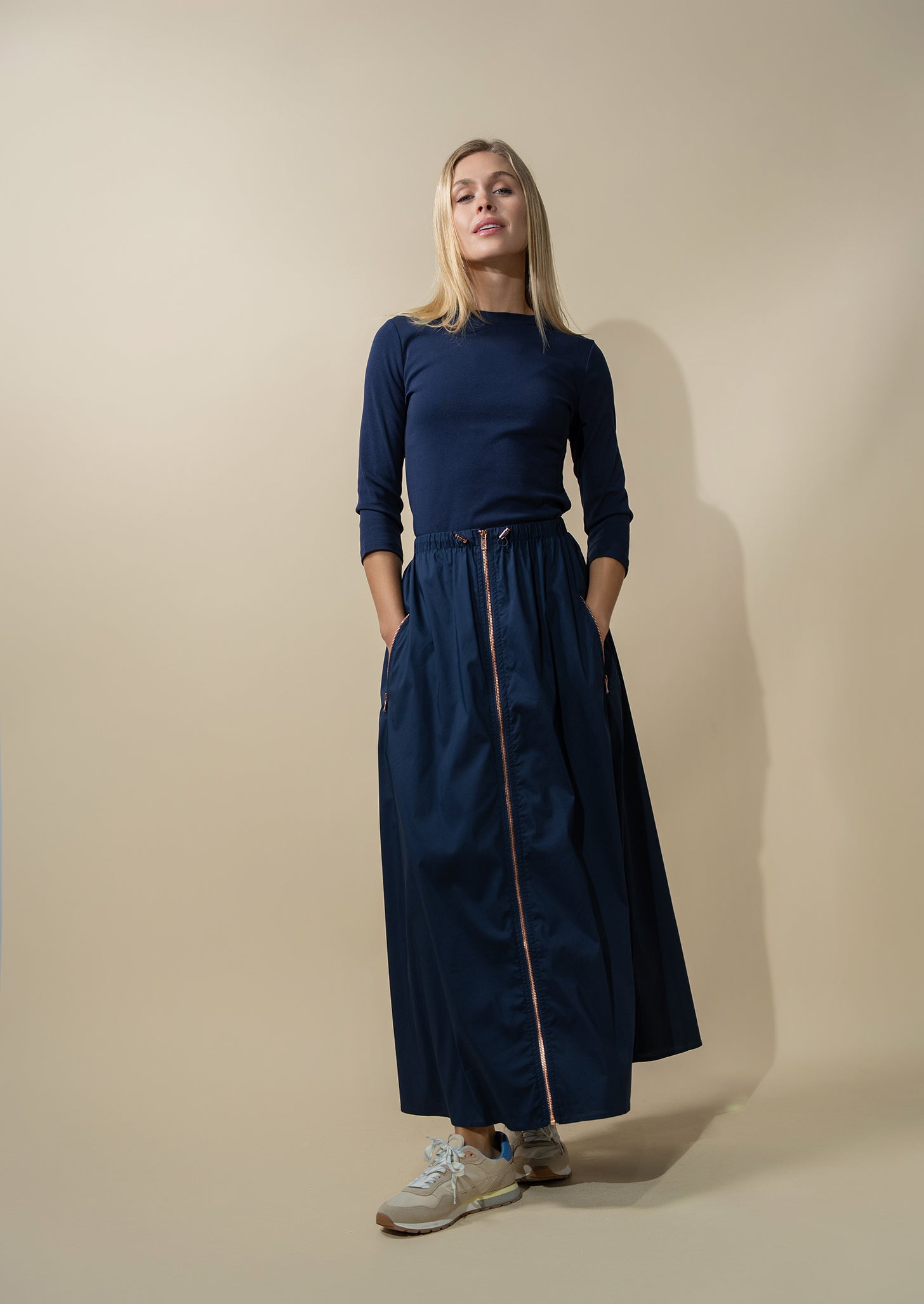 Front Zipper Cotton Circle Skirt-Navy