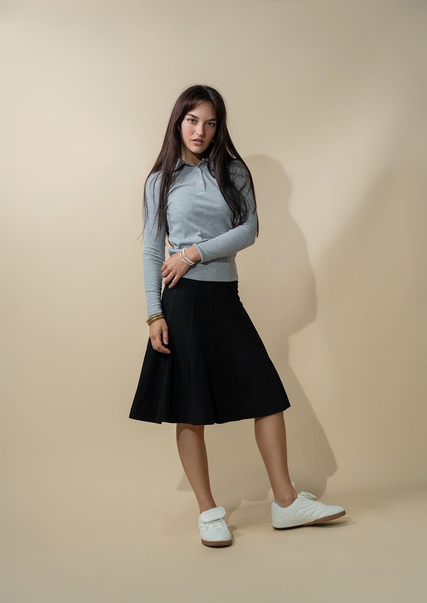 Paneled Flare Skirt 25"-Solid Black