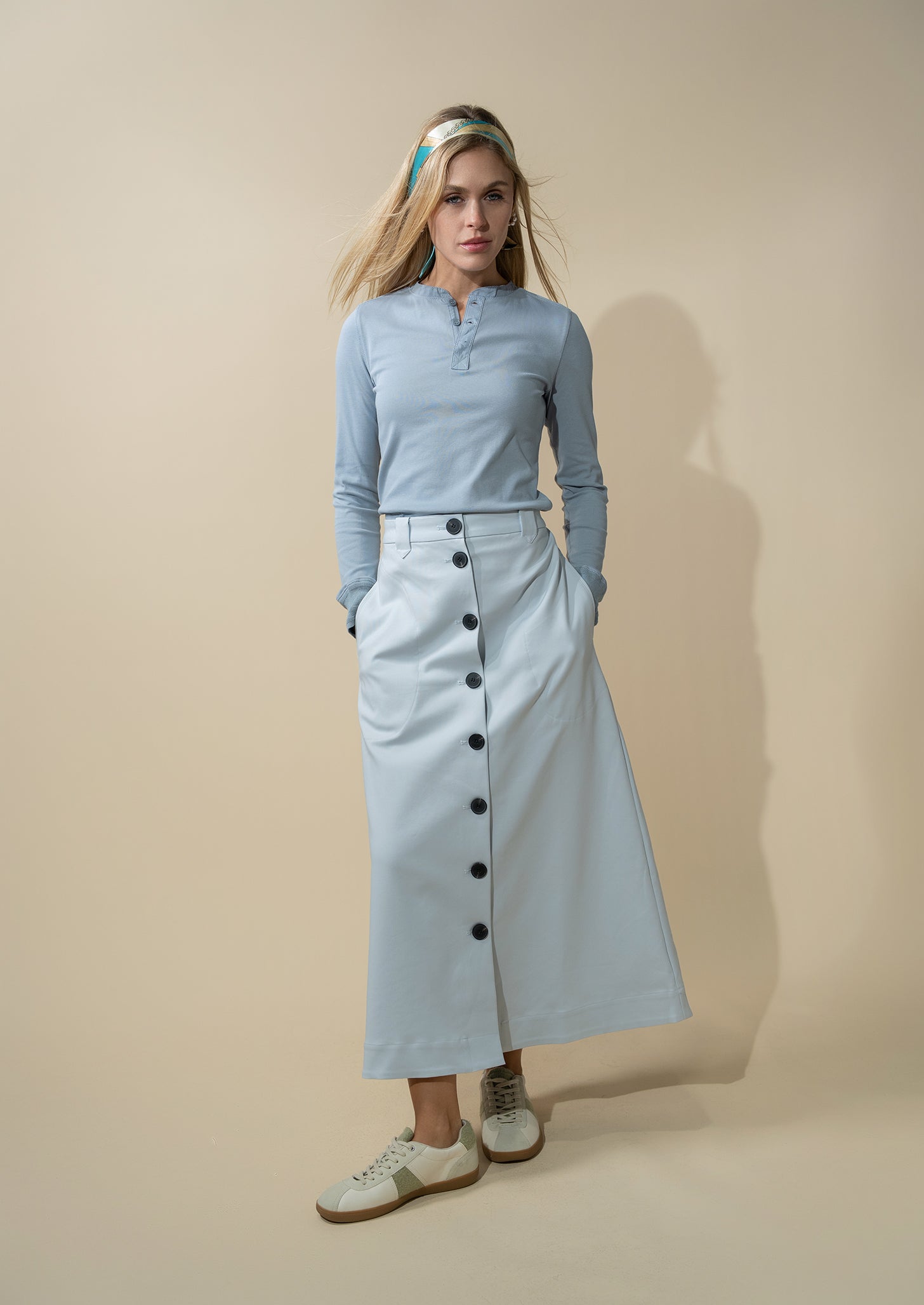 A-Line Button Down Pocket Skirt-Powder Blue