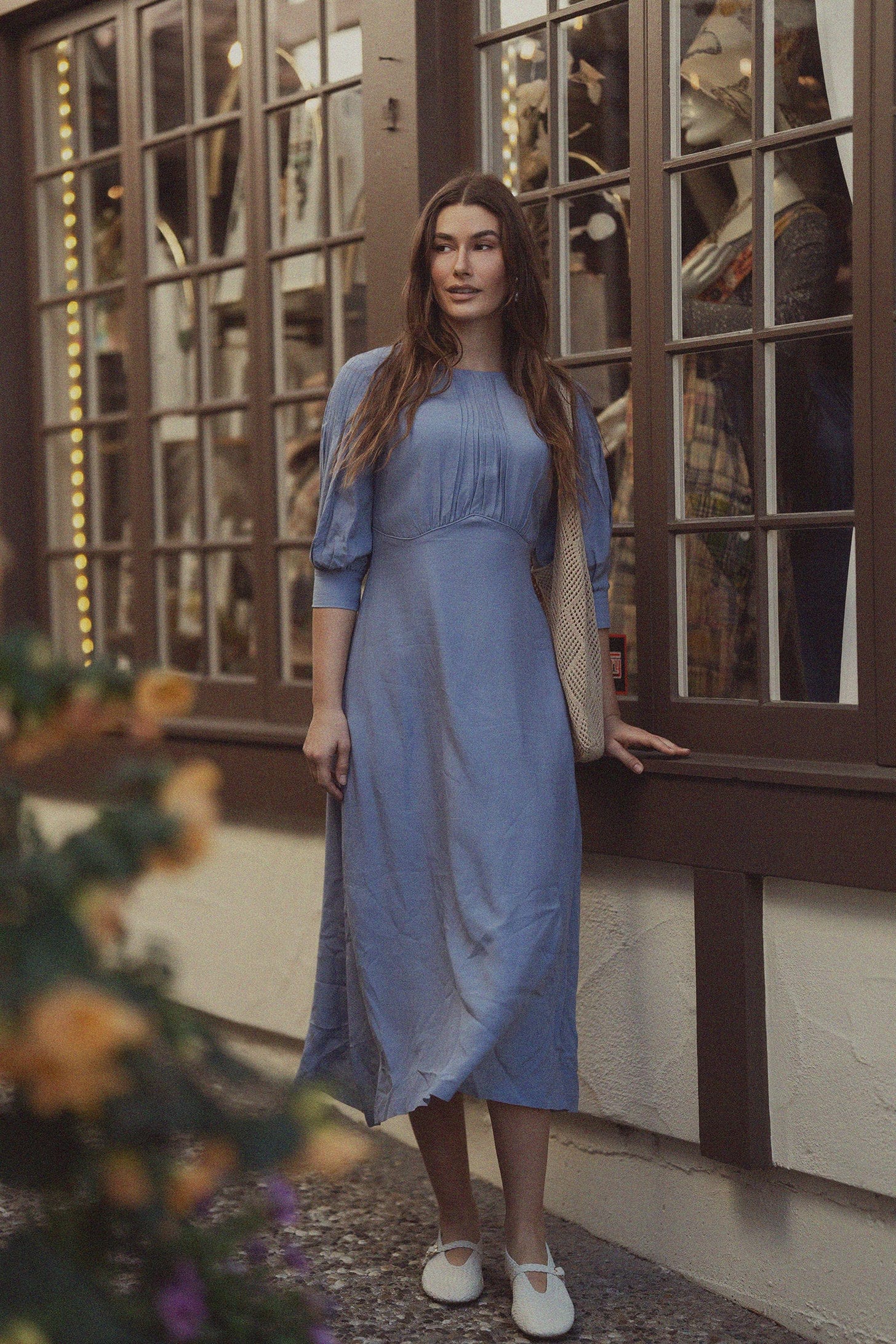 Pleated Sleeve High Waisted Dress-Light Blue