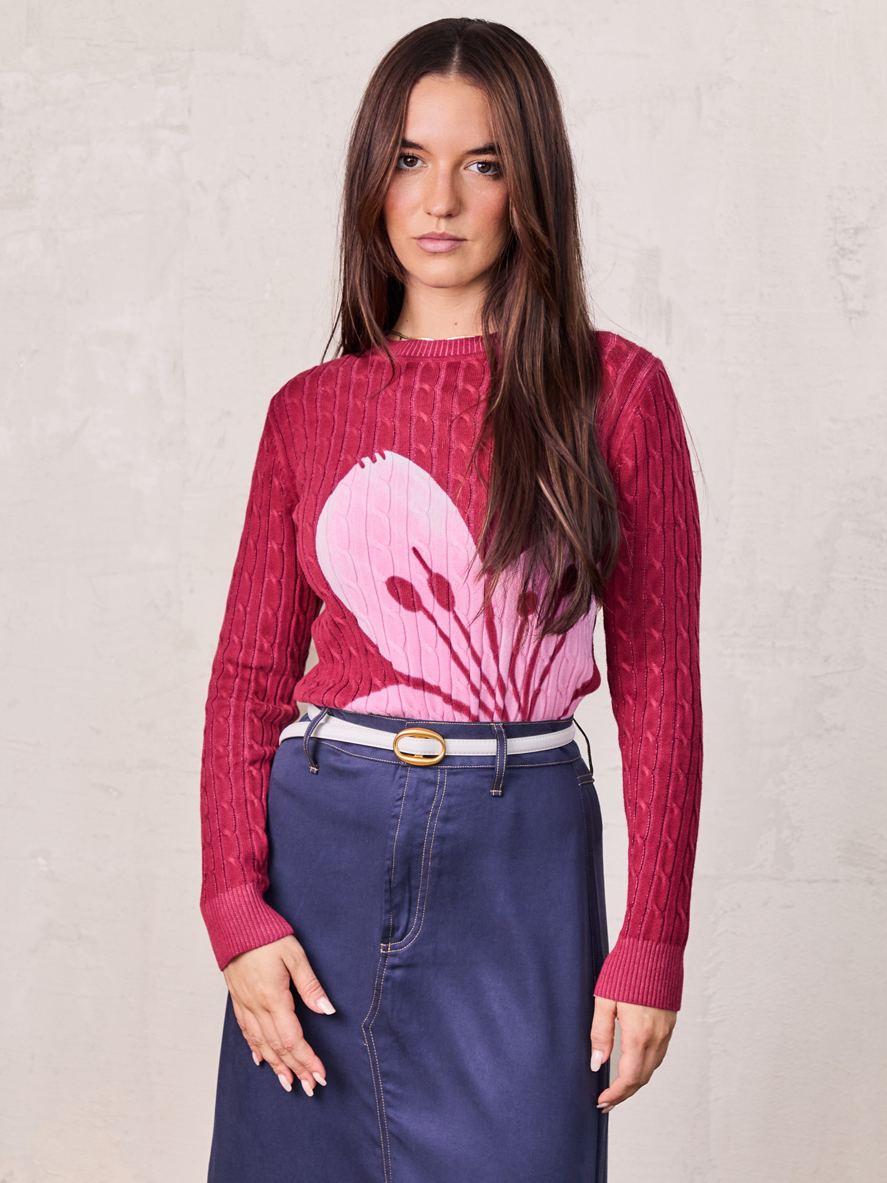 Printed Cable Sweater-Maroon/Pink Flower