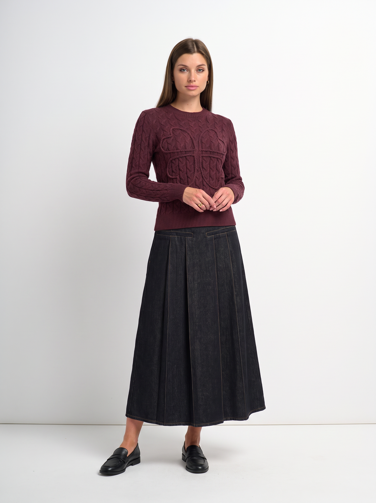 Pleat Pocket Tab Denim Skirt-Black
