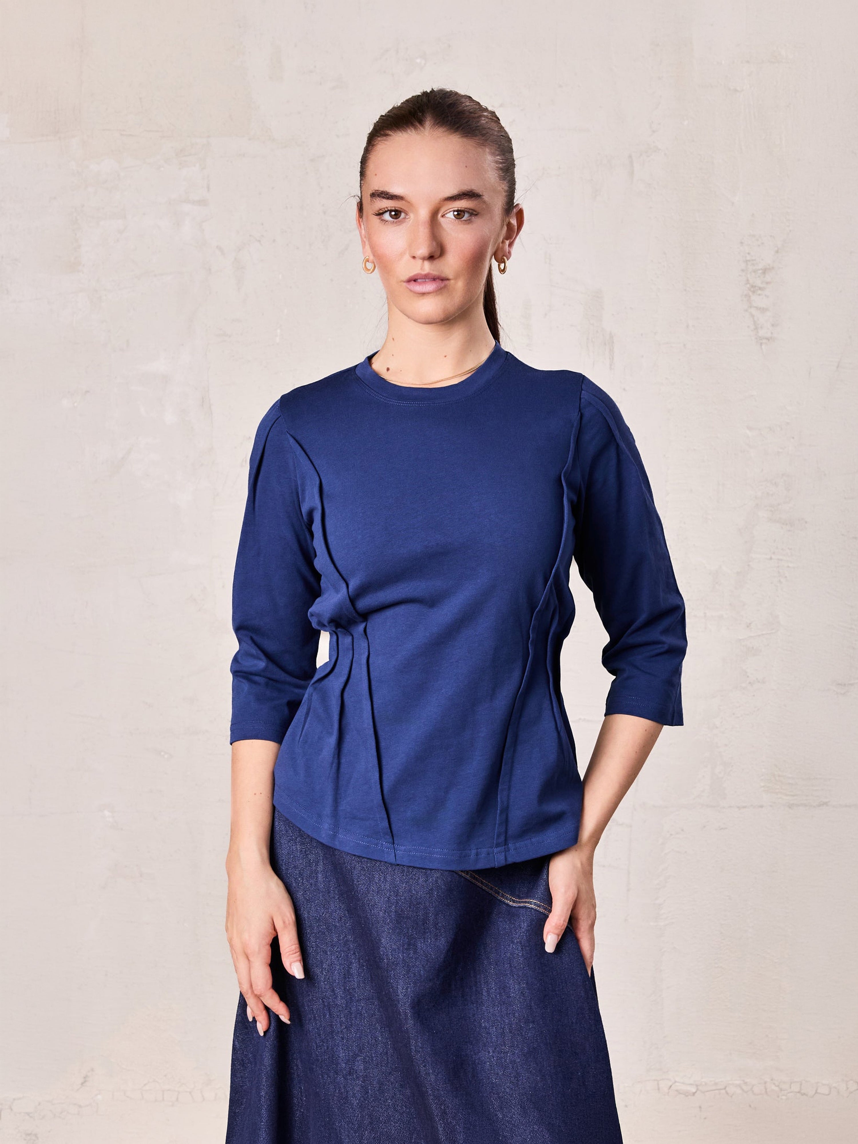 Pleat Seam T-shirt-Denim Blue