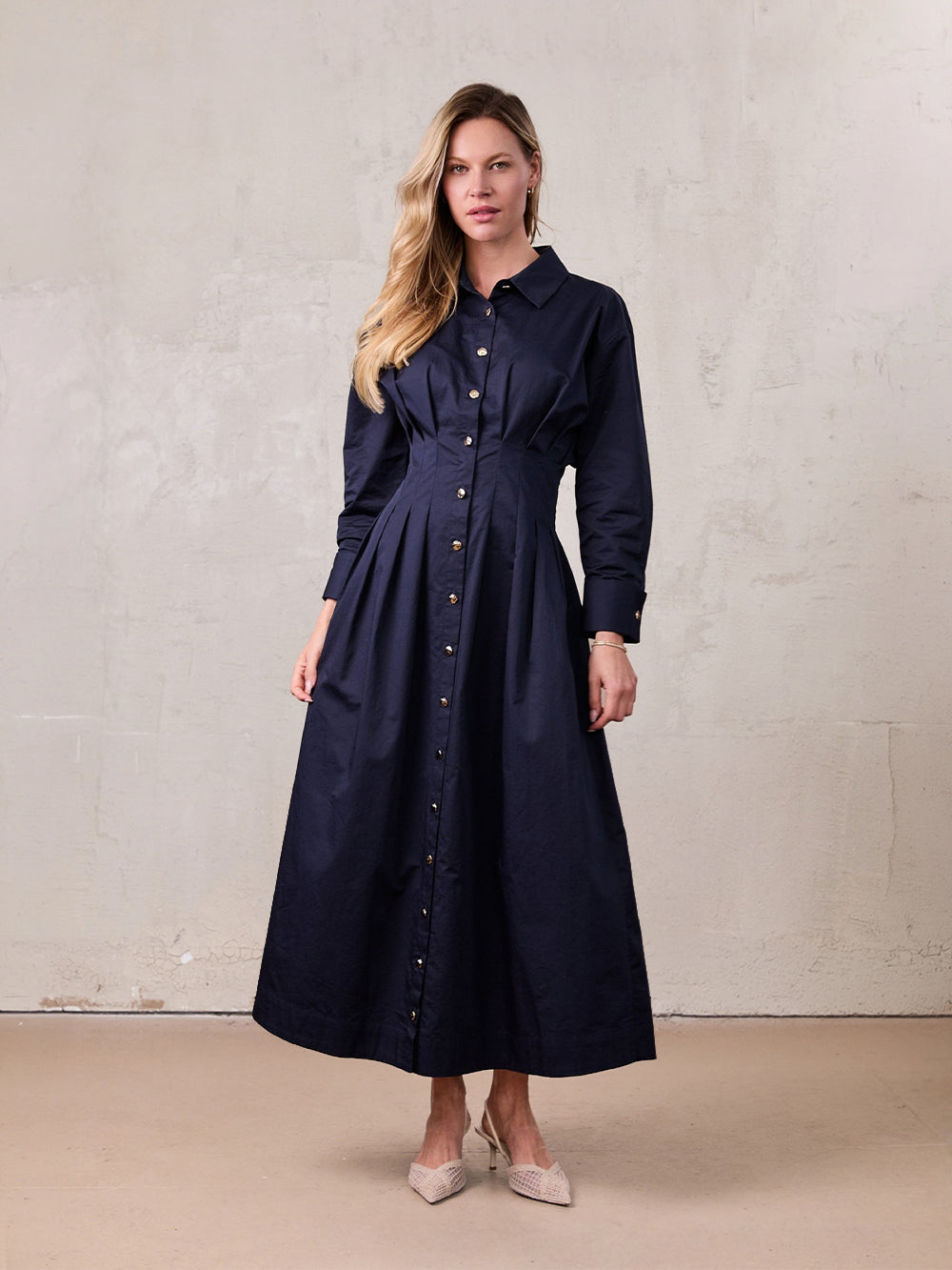 Pleat Waist Button Down Dress-Navy – Fame on Central
