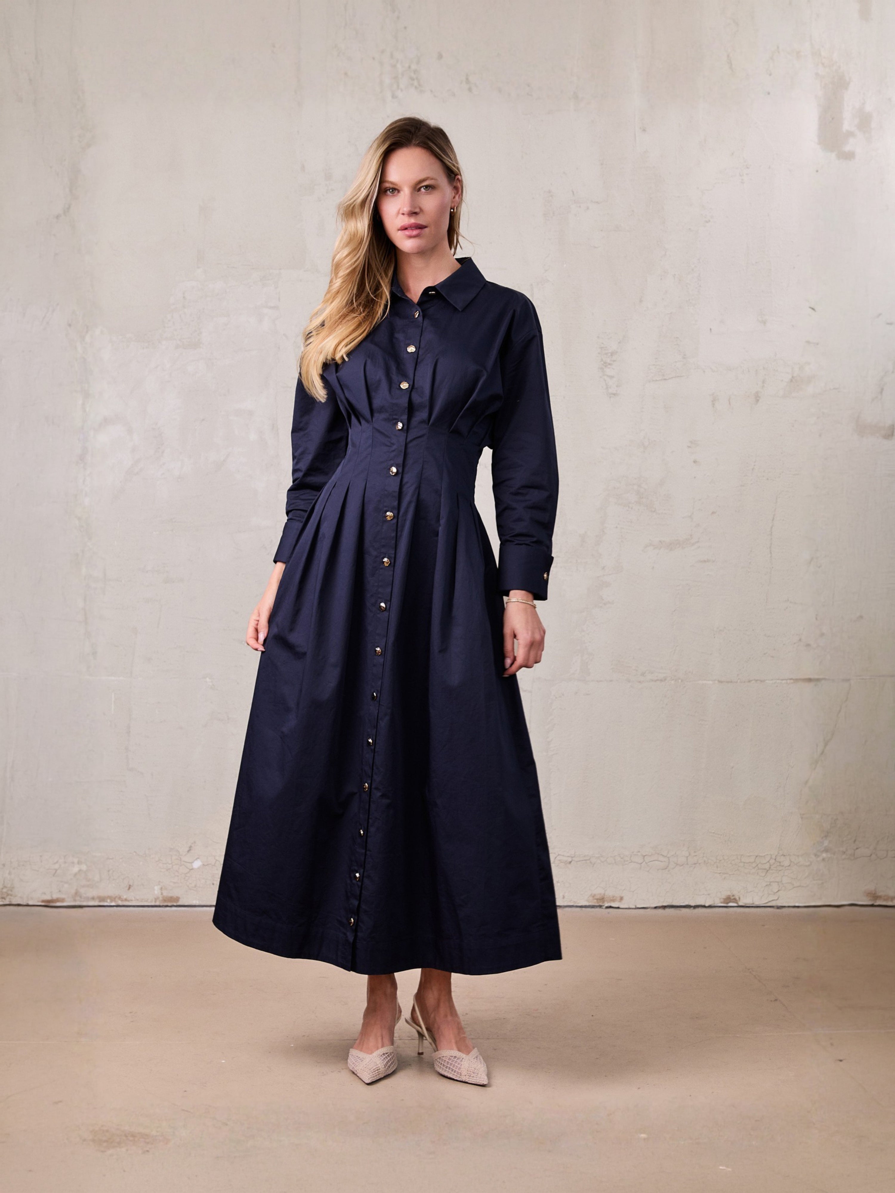Pleat Waist Button Down Dress-Navy