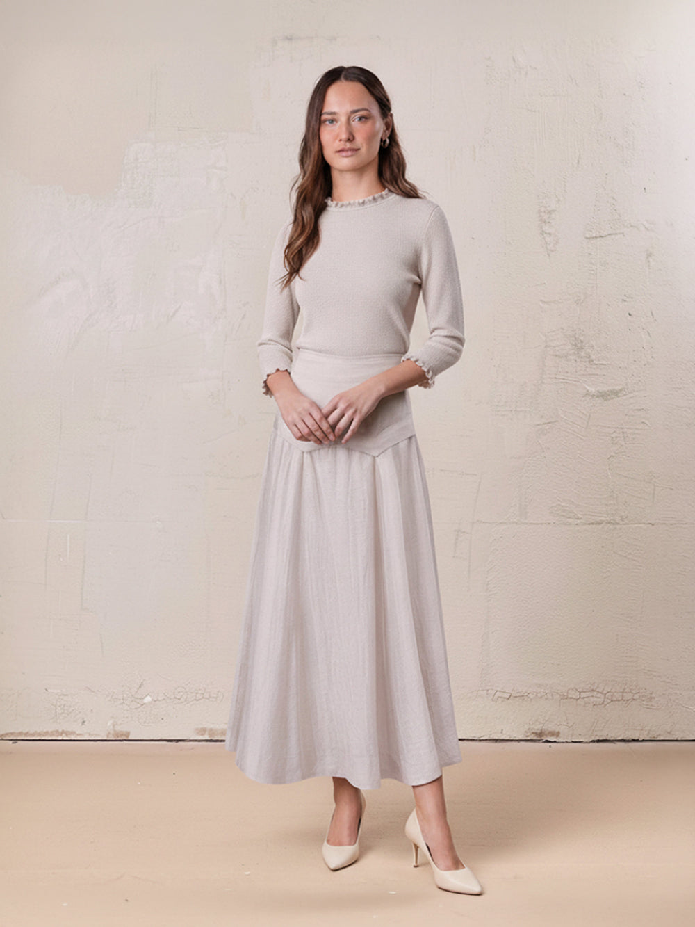 Pointed Yoke Dress Skirt-Ice Latte