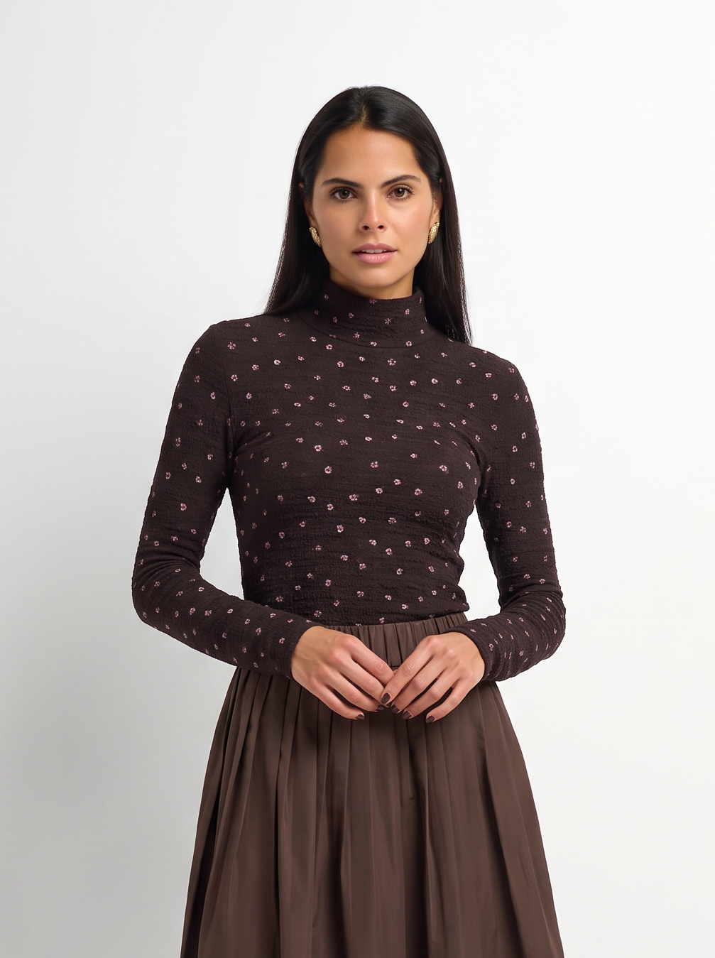 Printed Stretch Textured Turtle Neck - Brown Mini Rose