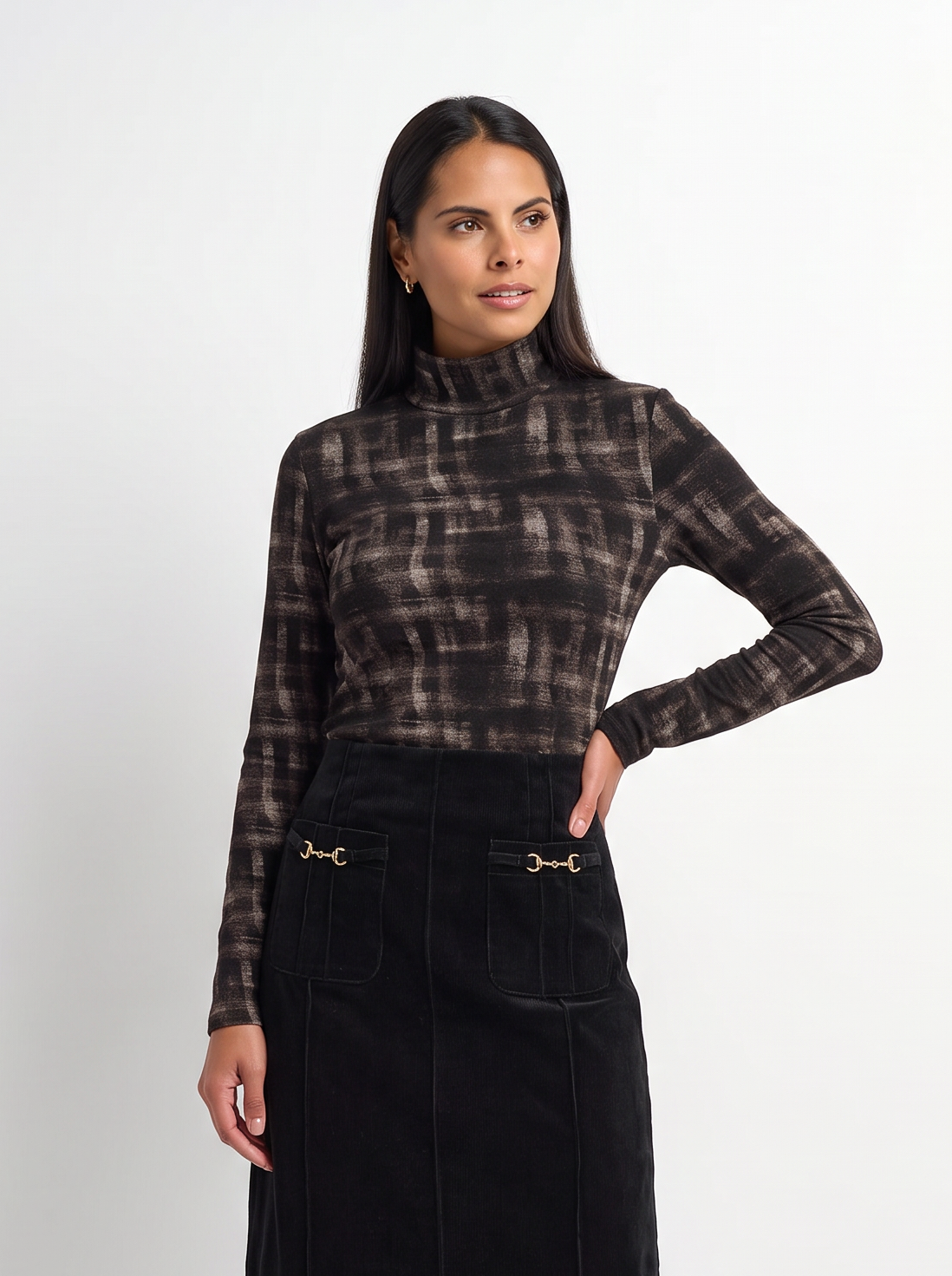 Printed Stretch Textured Turtle Neck - Grey and Black Plaid
