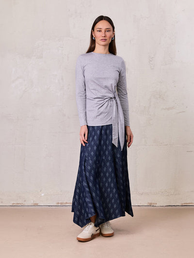 Printed Denim Trumpet Style Skirt-Diamond Weave