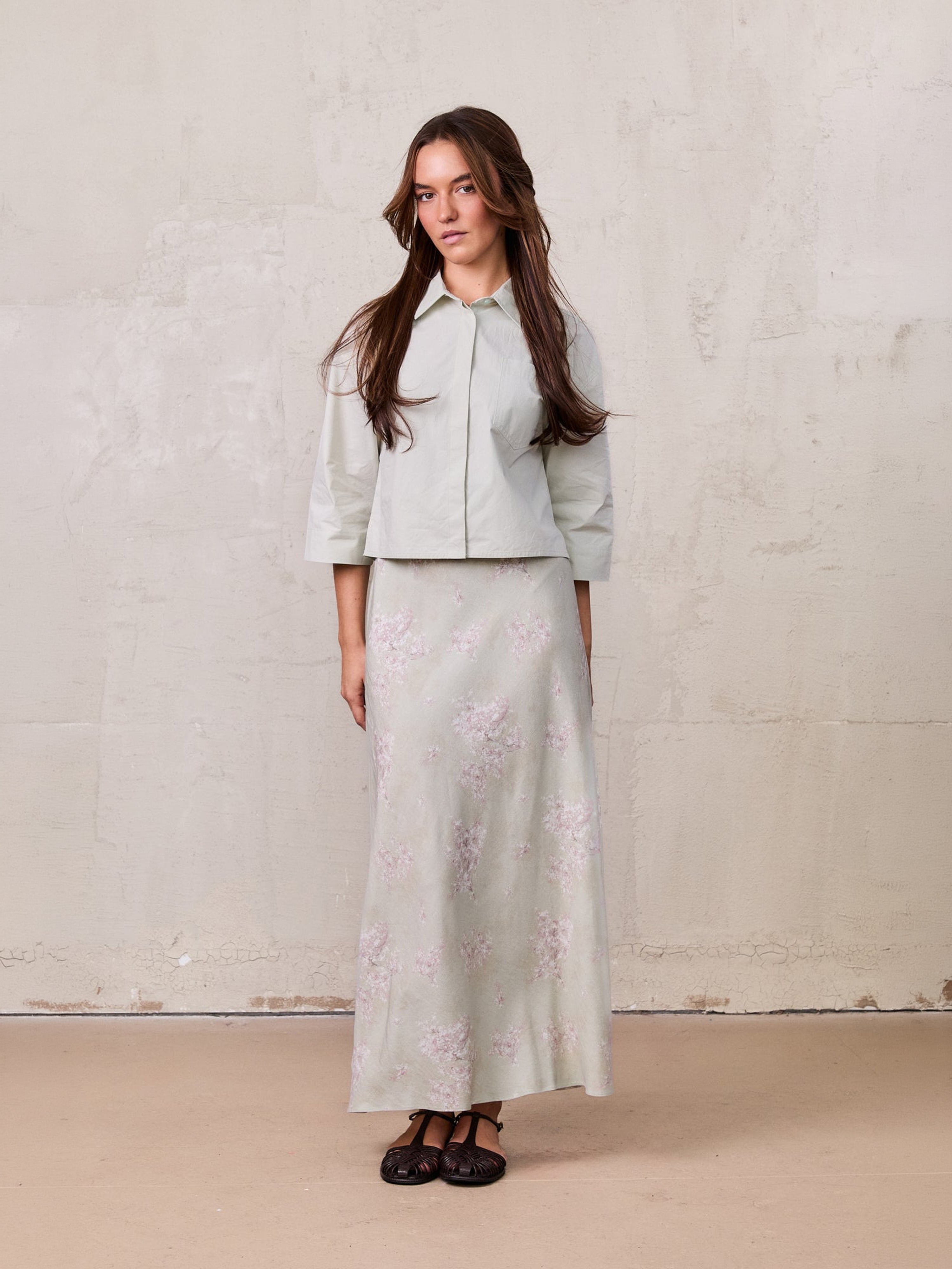 Printed Linen Blend Slip Skirt-Soft Floral