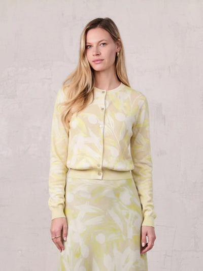 Printed Thin Button-Down Crew Cardigan-Yellow Floral