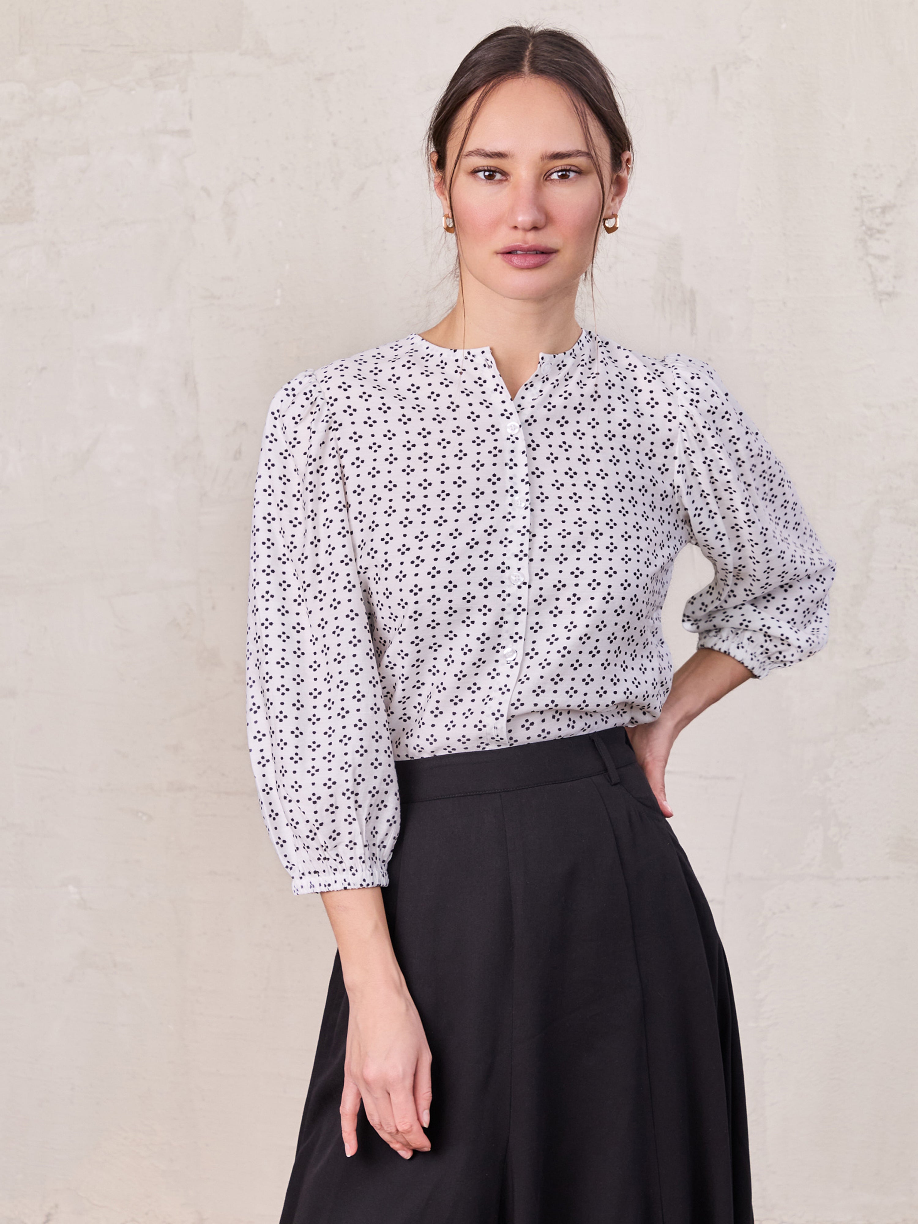 Puff Sleeve Button Down Blouse-Black/White Polka Dot