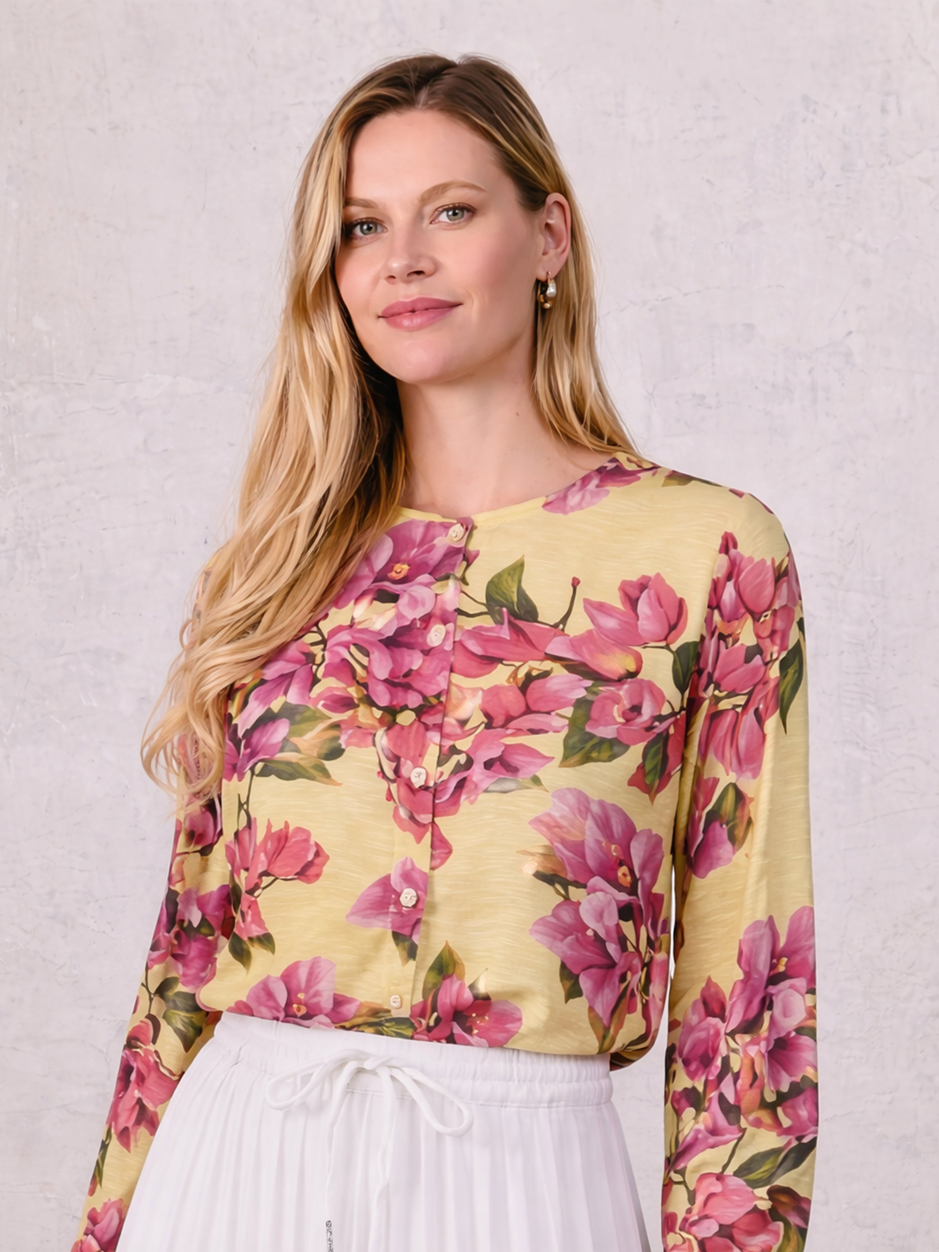 Puff Sleeve Button Down Blouse-Bold Flowers