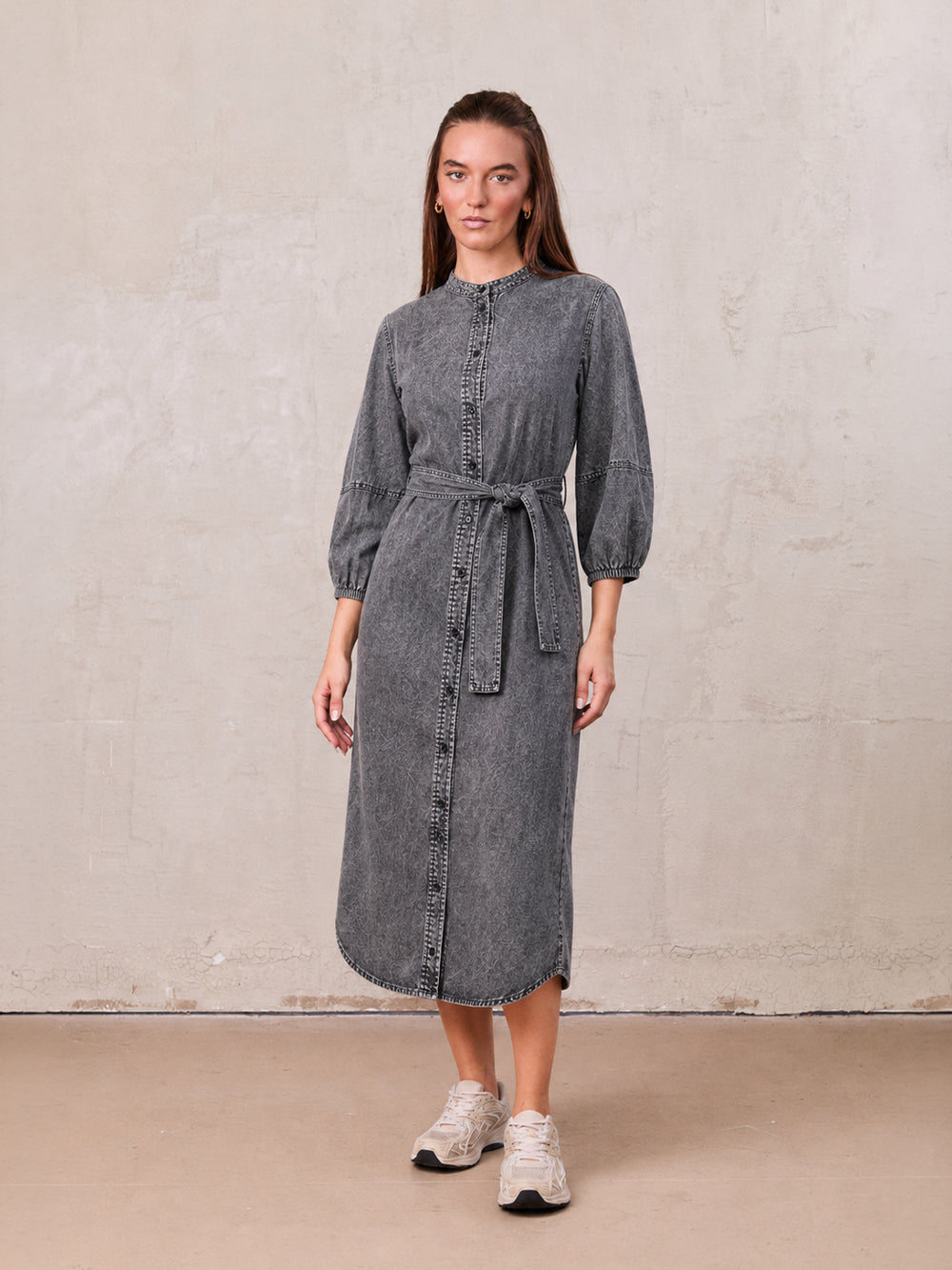 MELI Women's Puff Sleeve Denim Shirtdress Button-Front Maxi - Size S