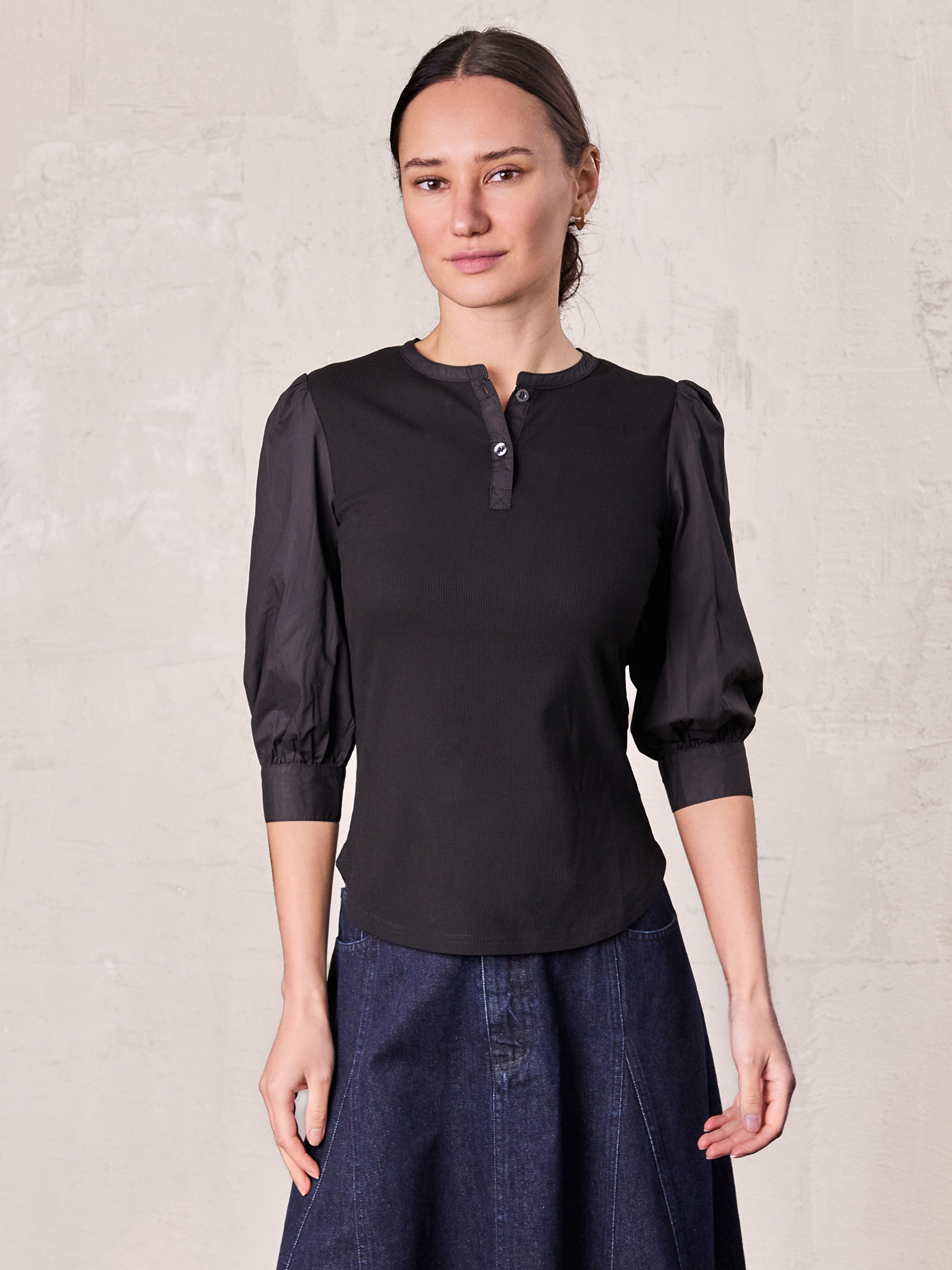 Puff Sleeve Ribbed T-Shirt-Black