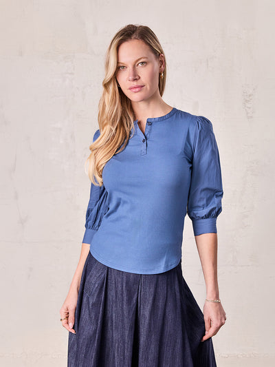 Puff Sleeve Ribbed T-Shirt-Dark Blue