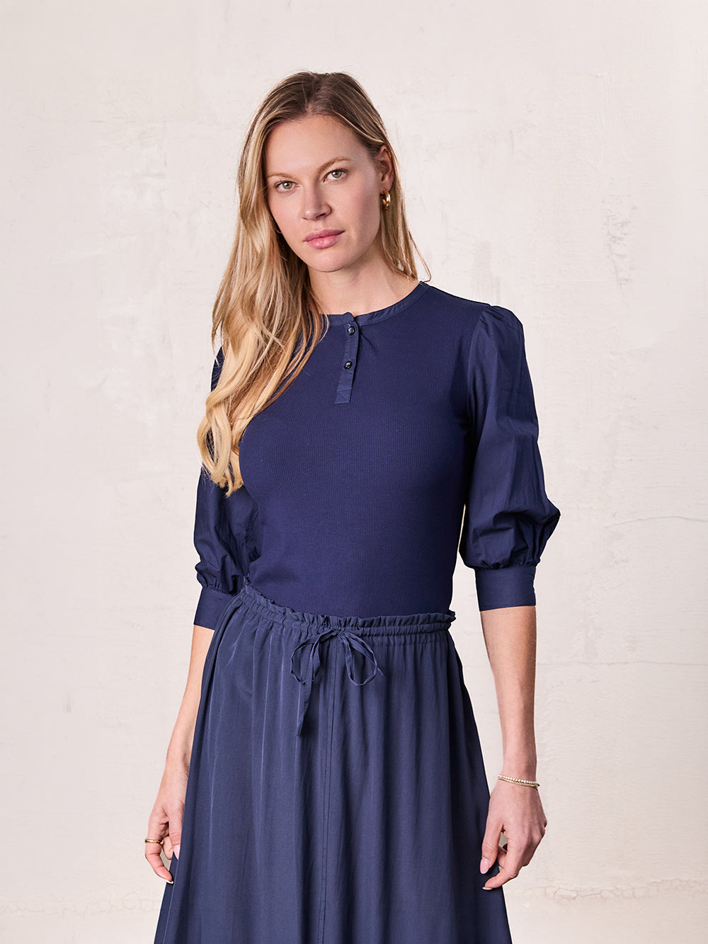 Puff Sleeve Ribbed T-Shirt-Navy