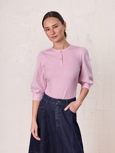 Puff Sleeve Ribbed T-Shirt-Pink