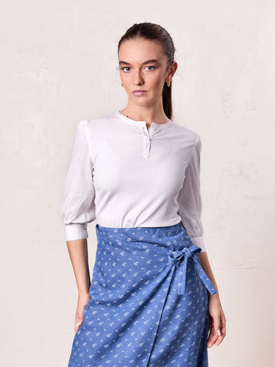 Puff Sleeve Ribbed T-Shirt-White