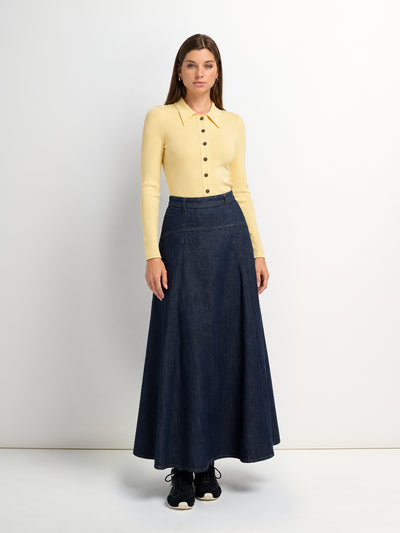 Denim Yoke Circle Skirt-Dark Blue