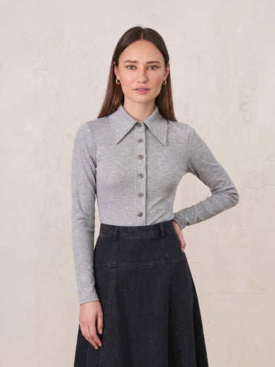 Ribbed Button Down Shirt-Heathered Grey