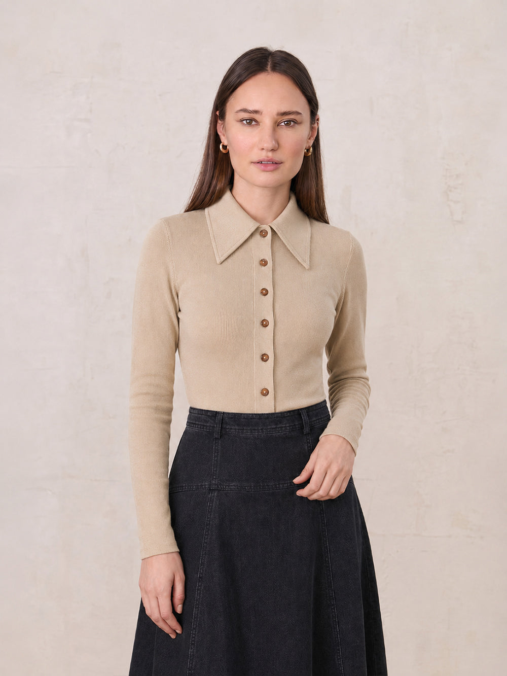 Ribbed Button Down Shirt-Taupe