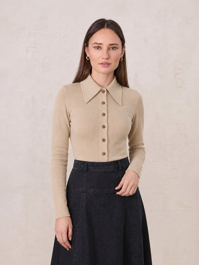 Ribbed Button Down Shirt-Taupe