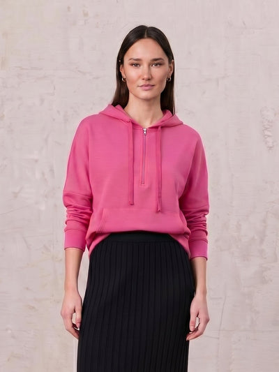 Ribbed Half Zip Hoodie Tee-Hot Pink