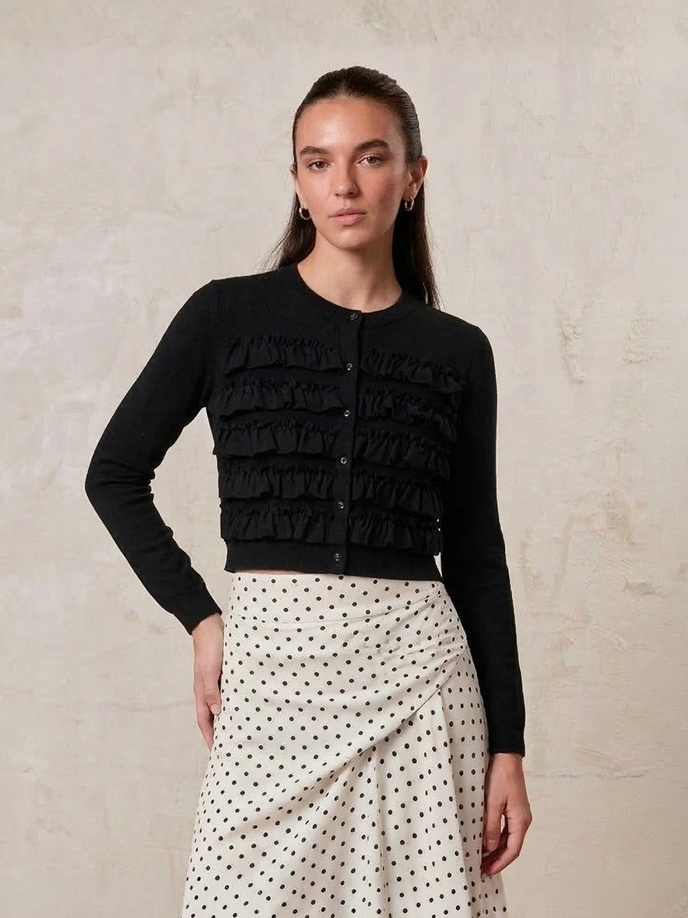 Ruffle Design Cardigan-Black