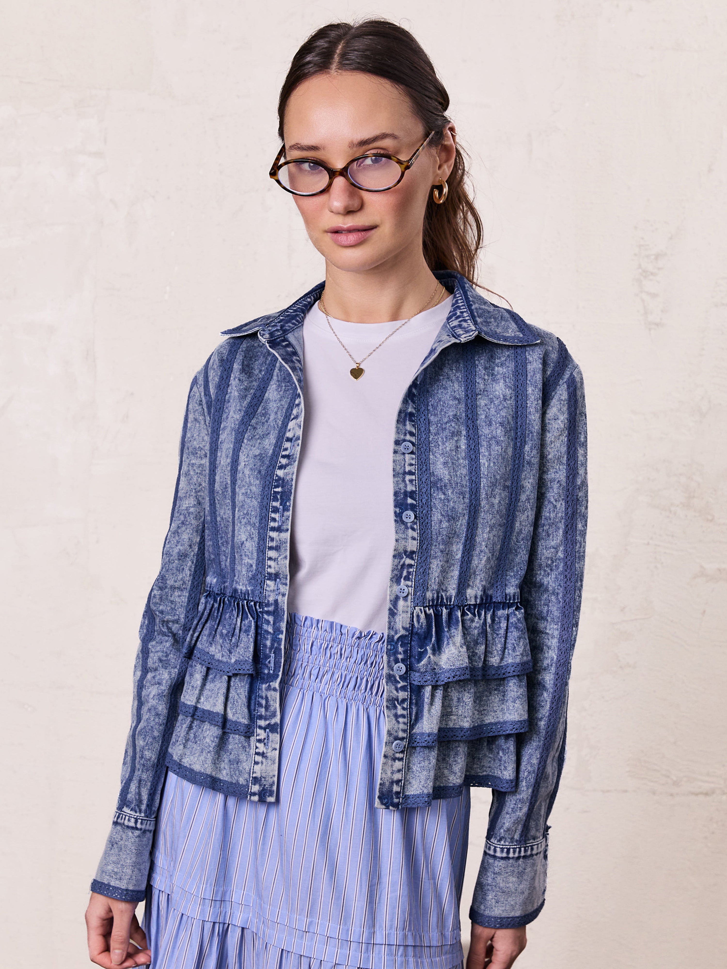 Ruffle Layer Jacket-Washed Denim